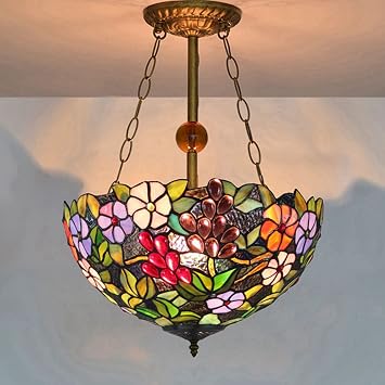 Tiffany-Style Ceiling Light,Victorian Art Anti-Chandelier,Green Pink Brown Blue Stained Glass Grape Shade,16 Ceiling Pendant Light for Living Room Dining Room,20 Metal Chain