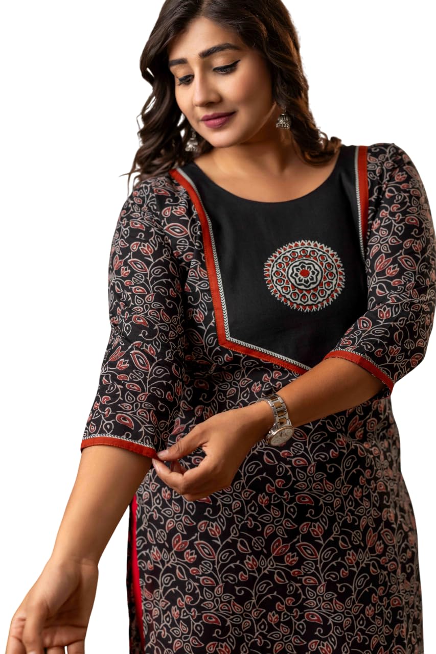 Amthi Women's Pure Cotton Black Kurti with Lace | Round Neck | Below Knee Length | 3/4 Sleeves | Party, Festive-picture-21