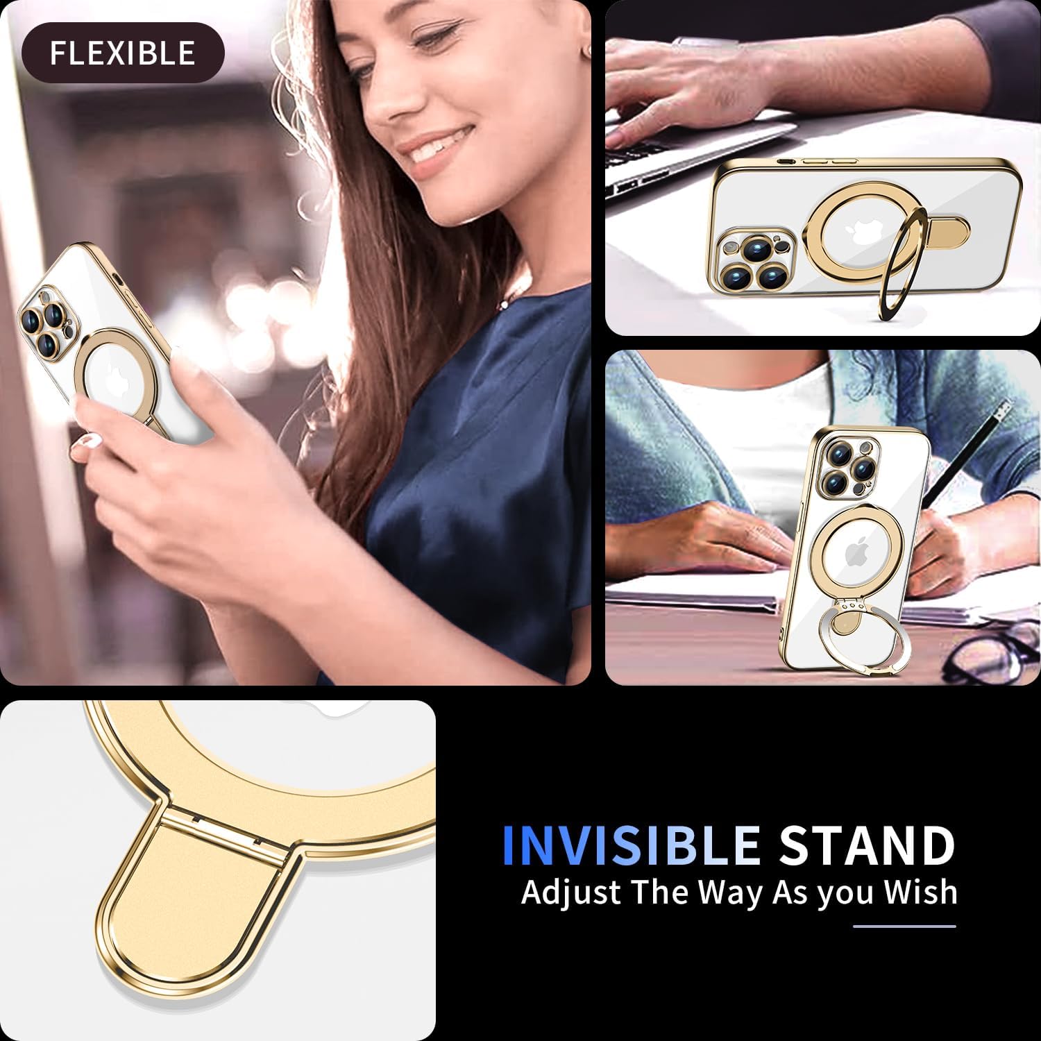 Magnetic for iPhone 14 Pro Case with Invisible Stand[Compatible with MagSafe][Full Camera Lens Protector][Military Drop Protection]Shockproof Not Yellowing Clear Slim Soft for Women Men Gold - Image 2