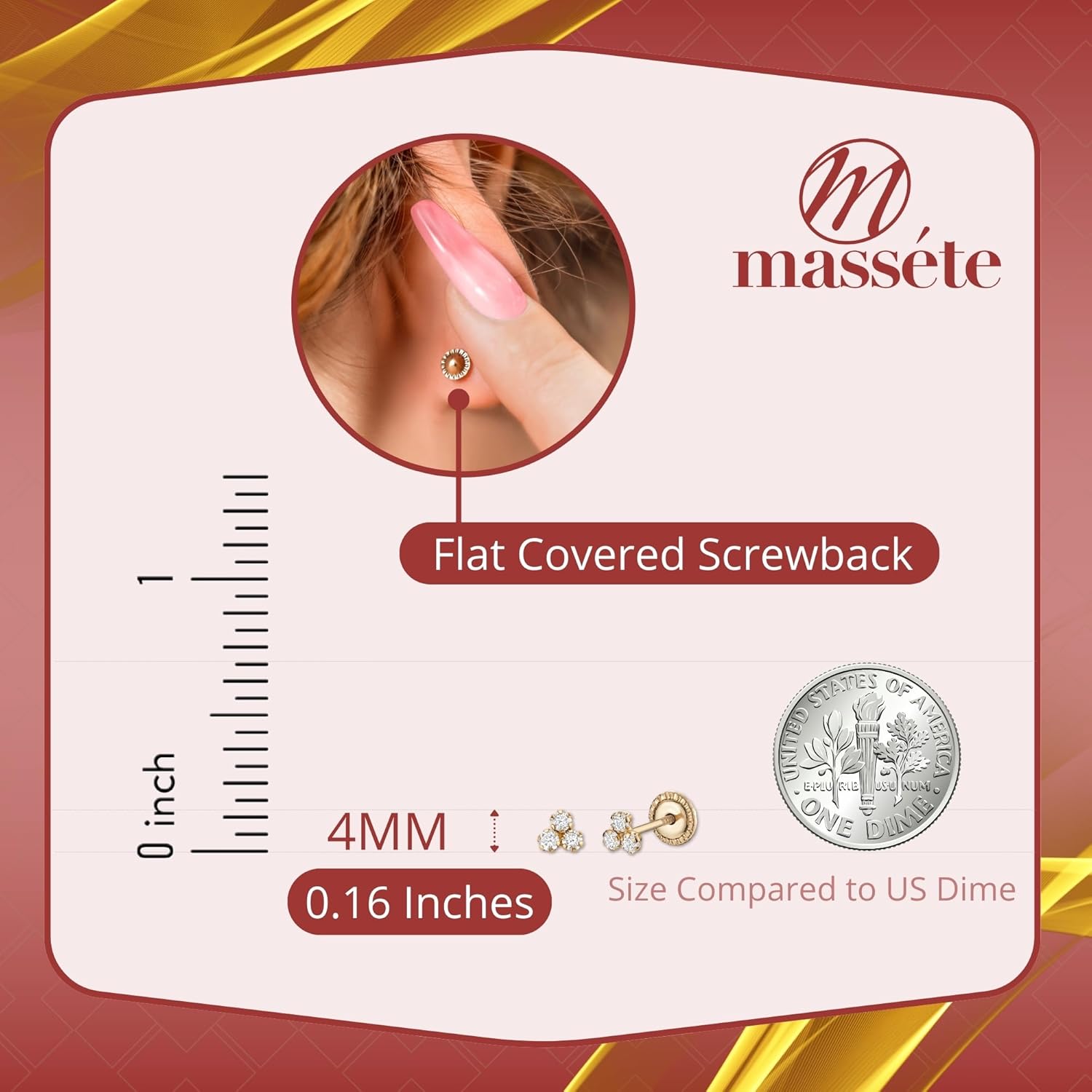 14k Yellow Gold Stud Earrings with 3 Circles Trefoil Triangle, Covered Screwback Closure for Girls and Women