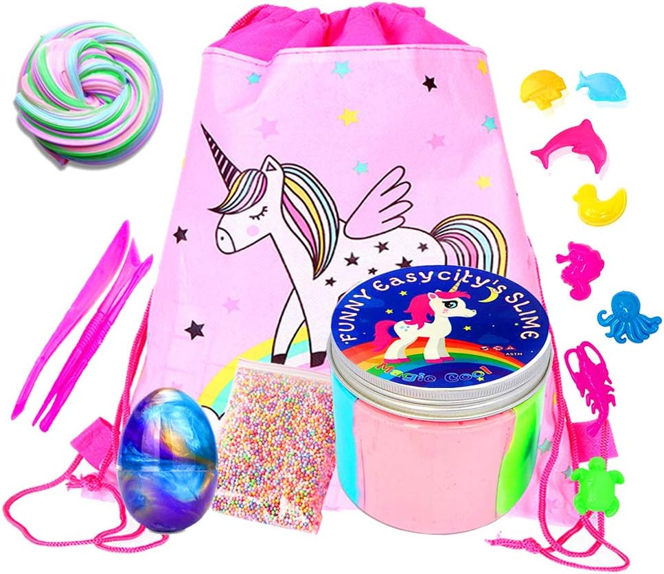 EASYCITY Unicorn Slime Value Gift Set - Includes Premium Unicorn Slime with 4 x Bonus Extras: Foam Balls, Unicorn Galaxy Egg& Eight Marine Animal Models- Stress Relief Toys for Kids