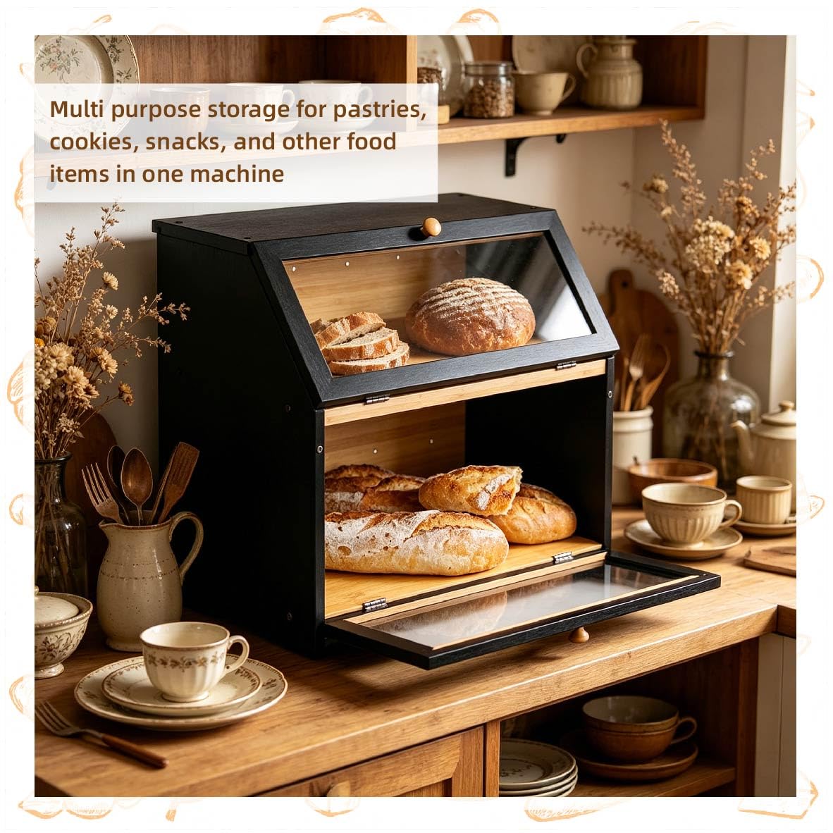 MEETOZ 2-lagiger Bambus-Brotkasten, große Kapazität, Brotaufbewahrungsbehälter mit klarem Acrylfenster, schwarze Brotkörbe für Küche, für selbstgemachtes Brot, Desserts, Gewürzflaschen, Flaschen