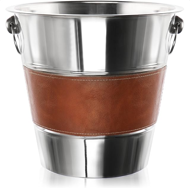 com-four® champagne cooler with synthetic leather band - Cooling bucket for sparkling wine, wine and champagne - Noble ice cooler for a wide variety of bottles (silver/brown - large)