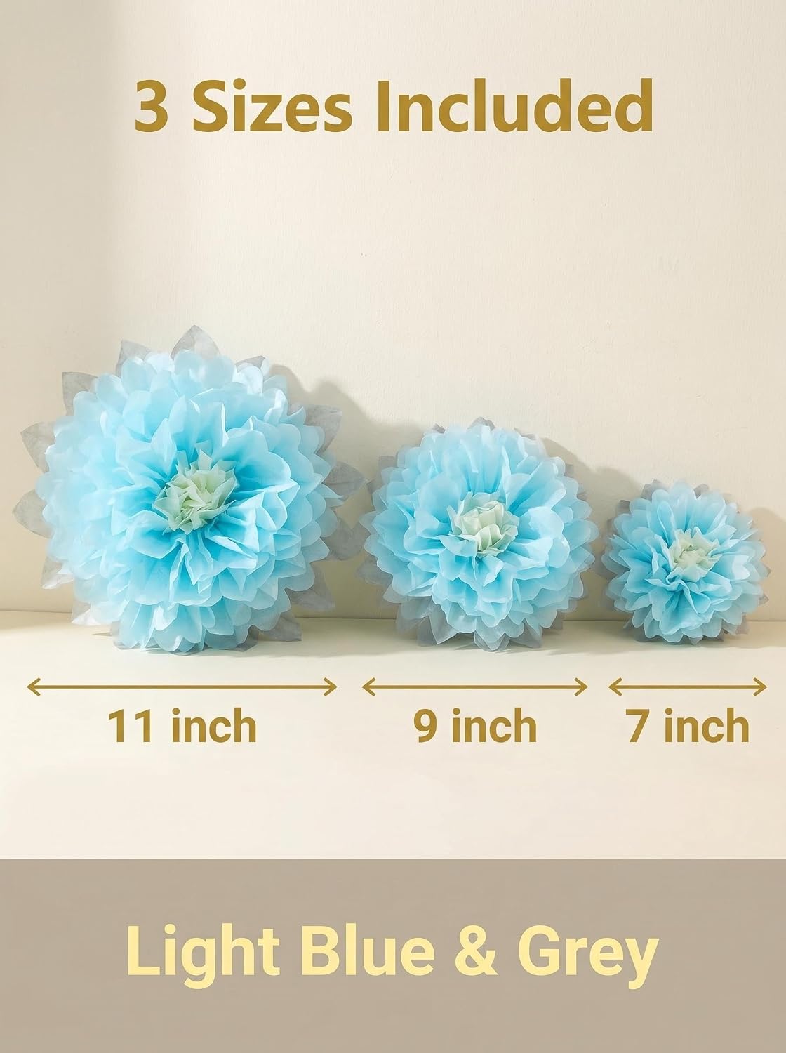 Mybbshower 9pcs Mixed 7'' 9'' 11'' Blue Tissue Paper Pom Poms Flower for It's A Boy Baby Shower Birthday Nursery Room Decorations