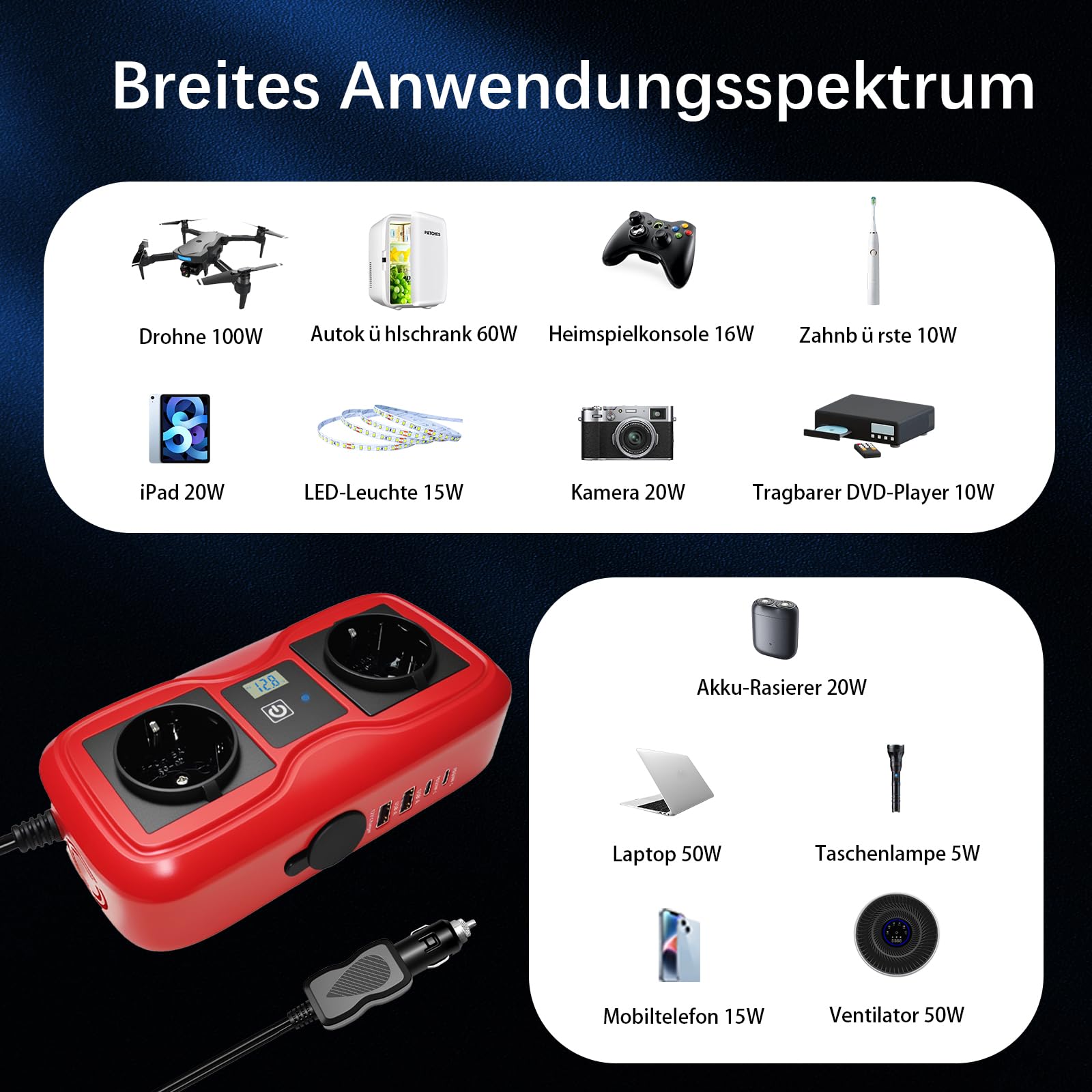 200W Auto Wechselrichter 12 V auf 220-230 V, SZSSTH-Spannungswandler 2 USB-A / 2 Typ-C (5V 3A), Stromwandler mit Zigarettenanzünder, Wechselrichter für Mobiltelefone, Laptops und Camping