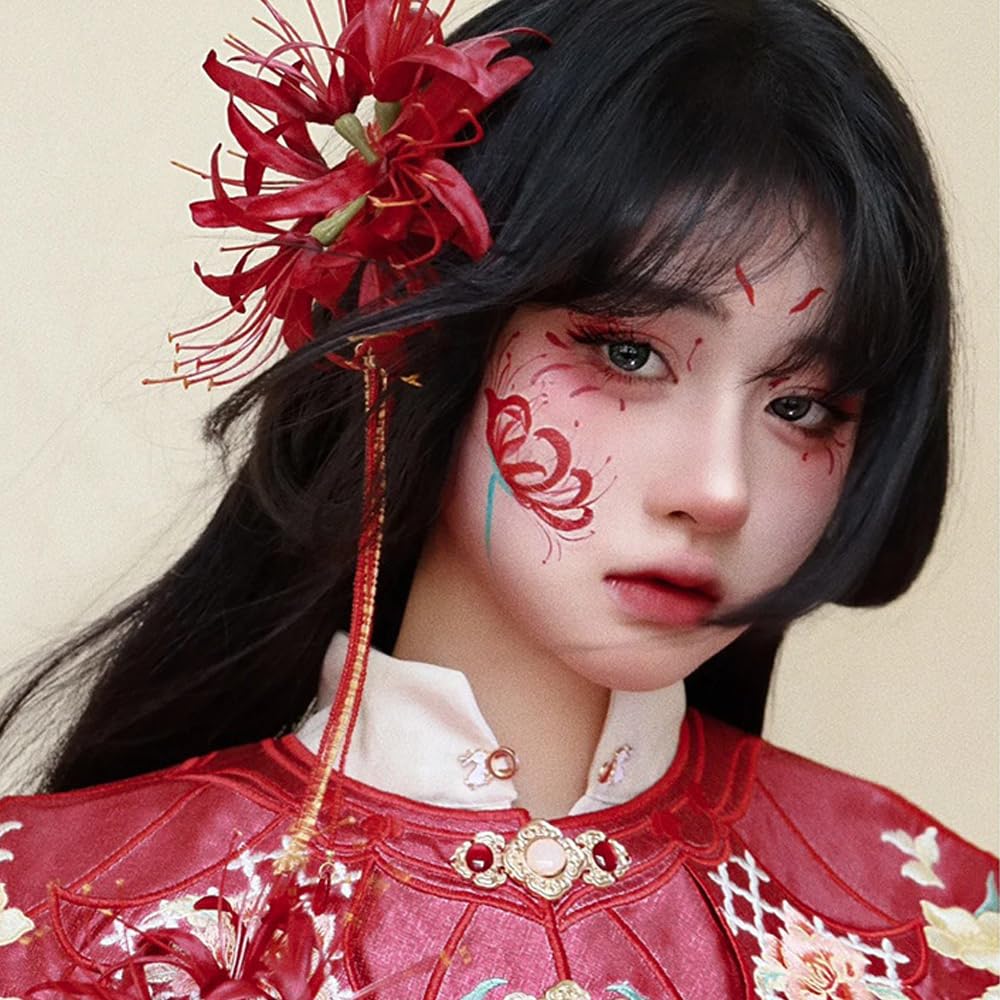 2 Pack Red Spider Lily Flower Hair Clips for Women, Elegant Lycoris Radiata Tassel Hairpins Traditional Hanfu Hair Accessories, Floral Duckbill Clips for Wedding Kimono image 4