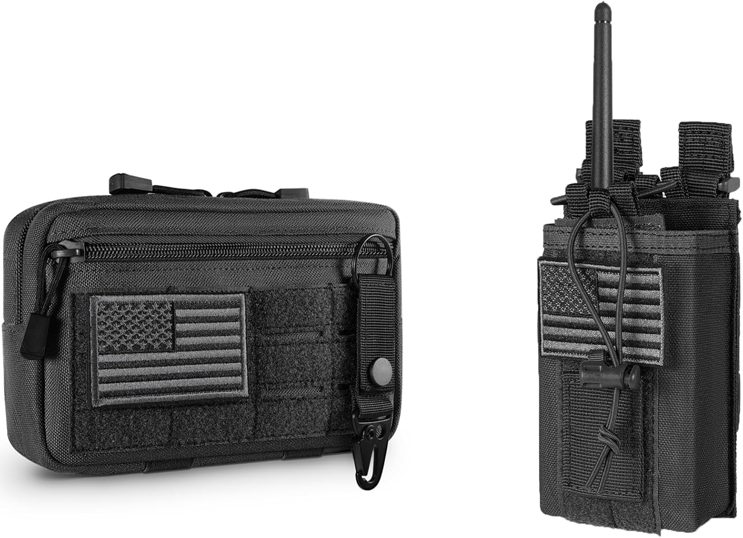 Tactical Molle Admin Pouch with USA Flag Patch and Keychain & Tactical Radio Holder Radio Holster Molle Radio Pouch for Police Firefighter Two Ways Walkie Talkies Vest
