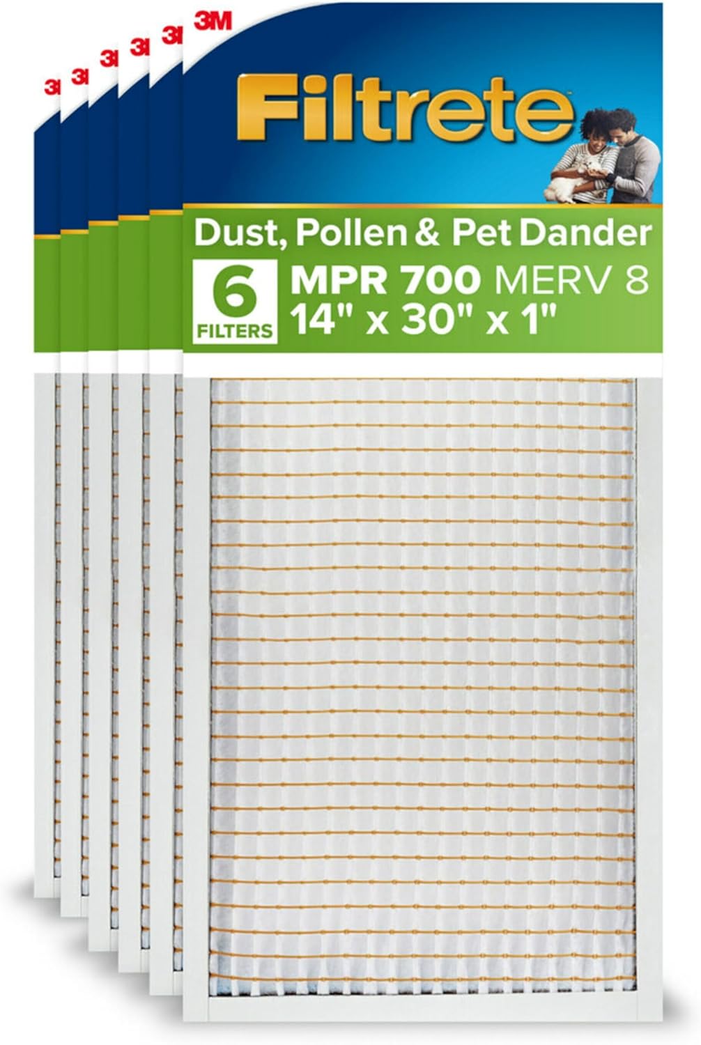 Filtrete 14x30x1 AC Furnace Air Filter, MPR 700, MERV 8, Tough on Pollen, Easy on Airflow, 3-Month Pleated 1-Inch Electrostatic Air Cleaning Filter, 6-Pack (Actual Size 13.81 x 29.81 x 0.81 in)