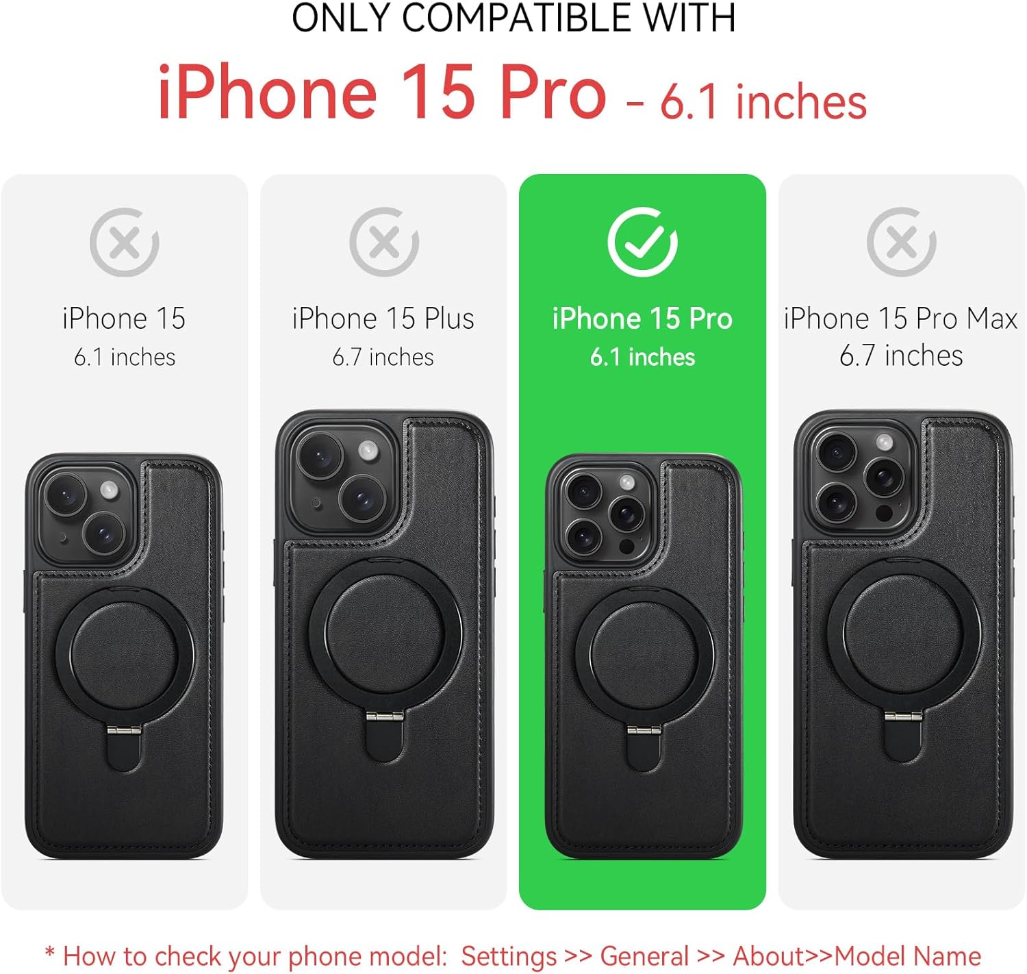 Compatible with iPhone 15 Pro Case with Stand, Compatible with MagSafe, Slim PU Leather & Durable TPU Protective Cover Drop-Proof with Tempered Glass Screen Protector 6.1", Black