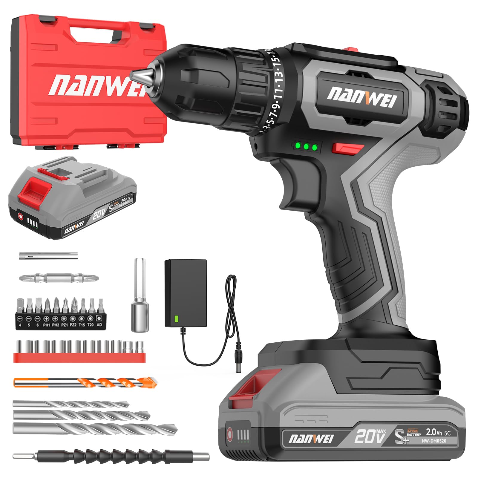 NANWEI Cordless Drill, 30N.m 25 Torque Setting Electric Power Drill 2 Speed with 27Pcs Bits, Power Tools Set for Home and Garden DIY Project (with One Battery)