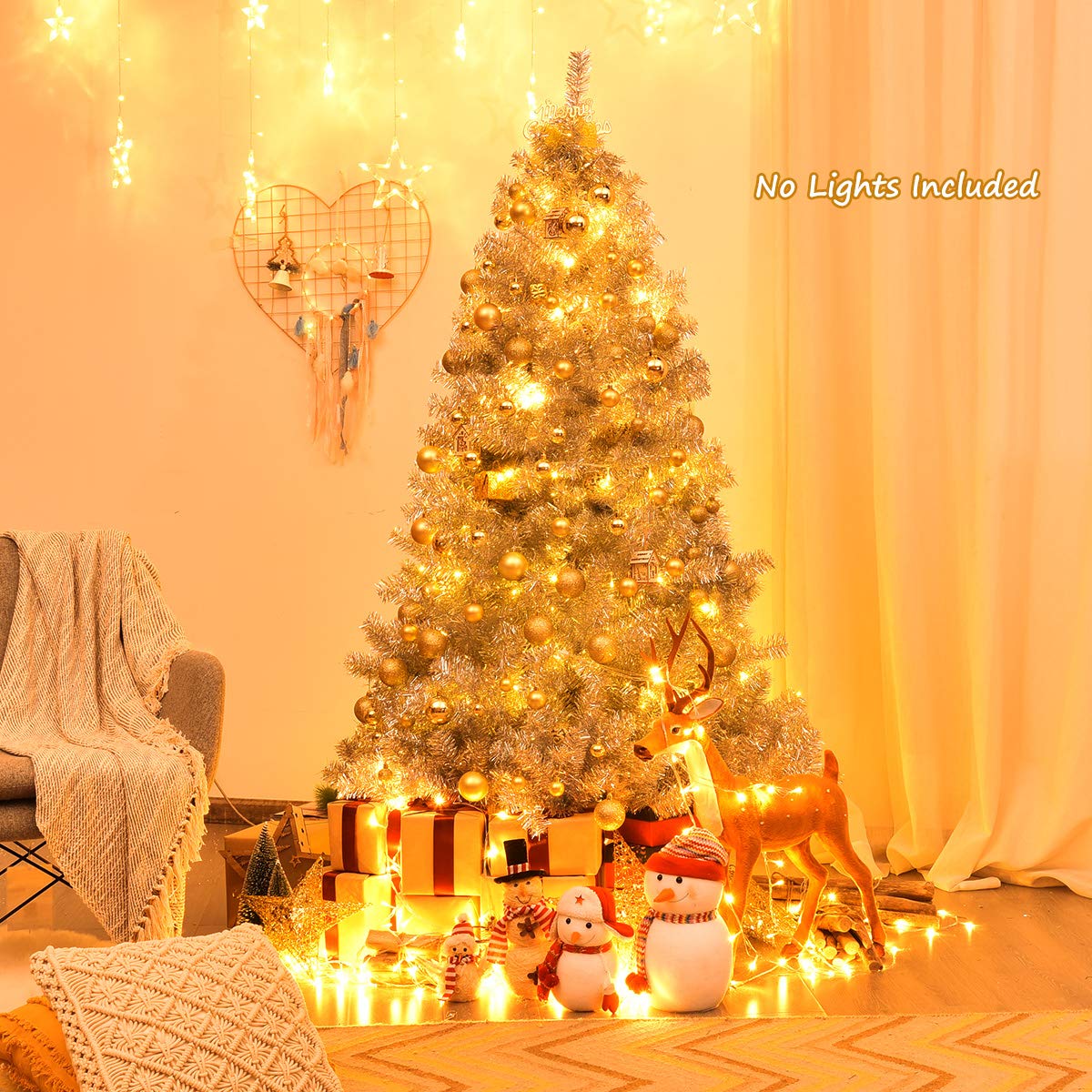 Happygrill 6FT Silver Christmas Tree Artificial Hinged Tinsel Xmas Tree with Metal Stand, 1036 Branch Tips, Holiday Decoration Tree for Indoor and Outdoor