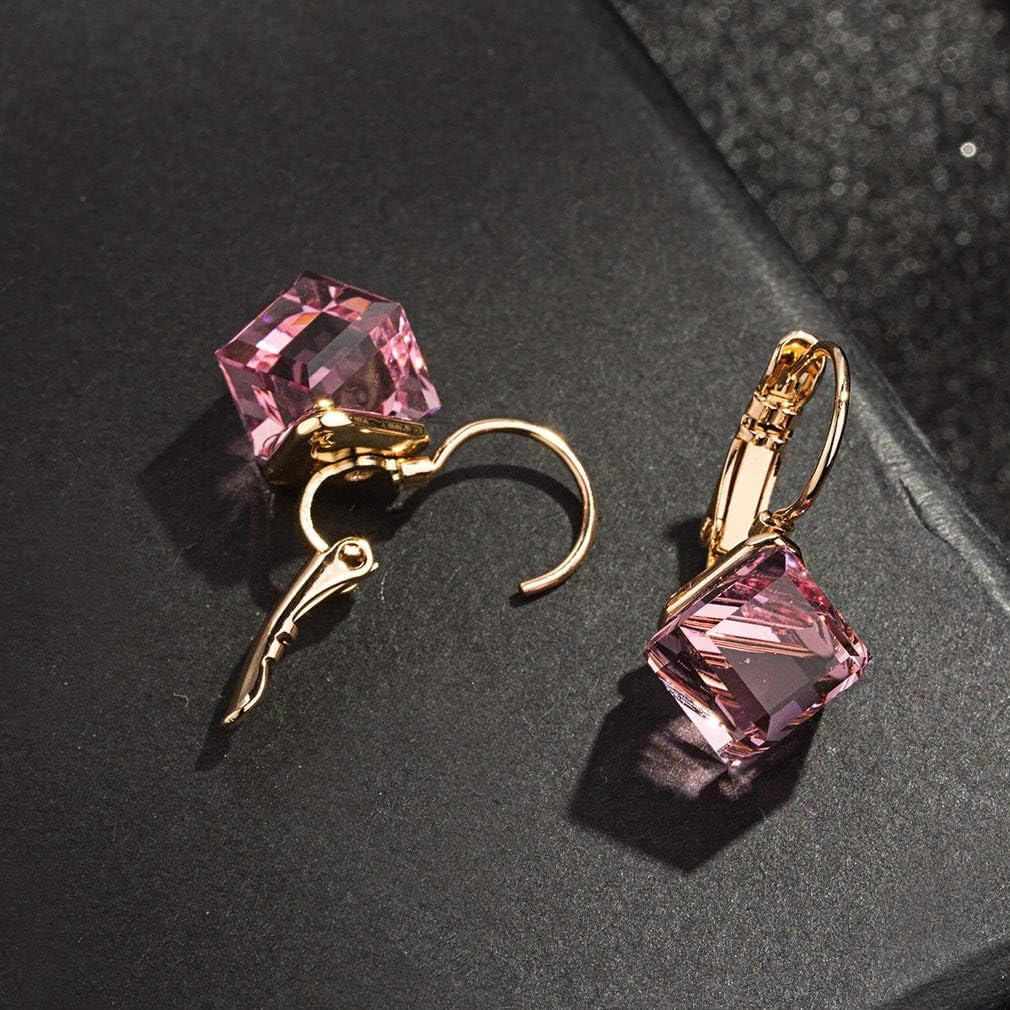 Cube Austrian Crystal Drop Leverback Earrings for Women Fashion 14K Rose Gold Plated Hypoallergenic Jewelry - Image 5