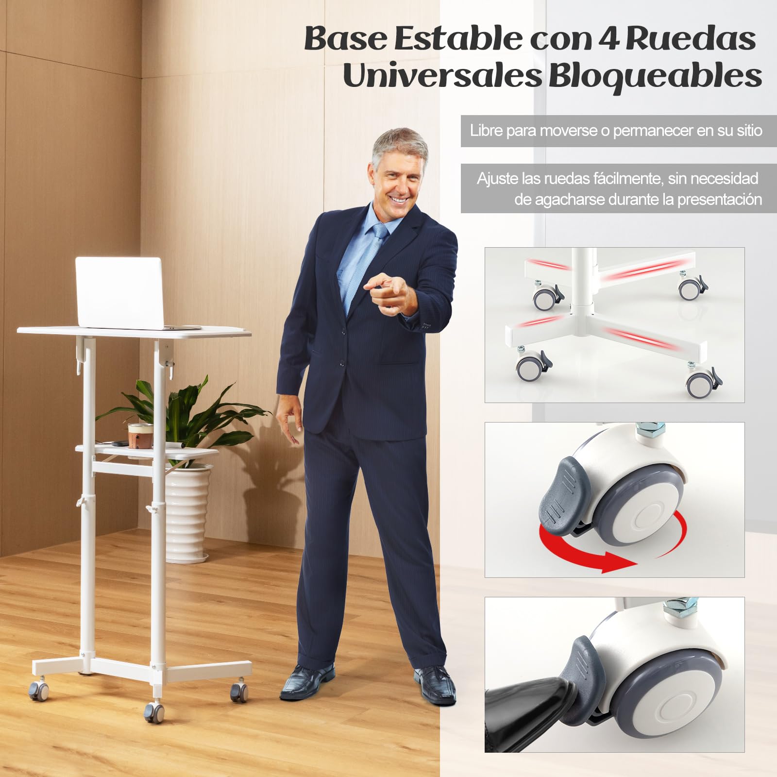 COSTWAY Atril Móvil con 4 Ruedas, Soporte de Podio con Tablero Inclinable, Estante de Almacenaje con Portavasos, Ajustable en Altura Flexibe104,5-128,5 cm, Soporte Para Aula, Iglesia, Oficina (blanco)