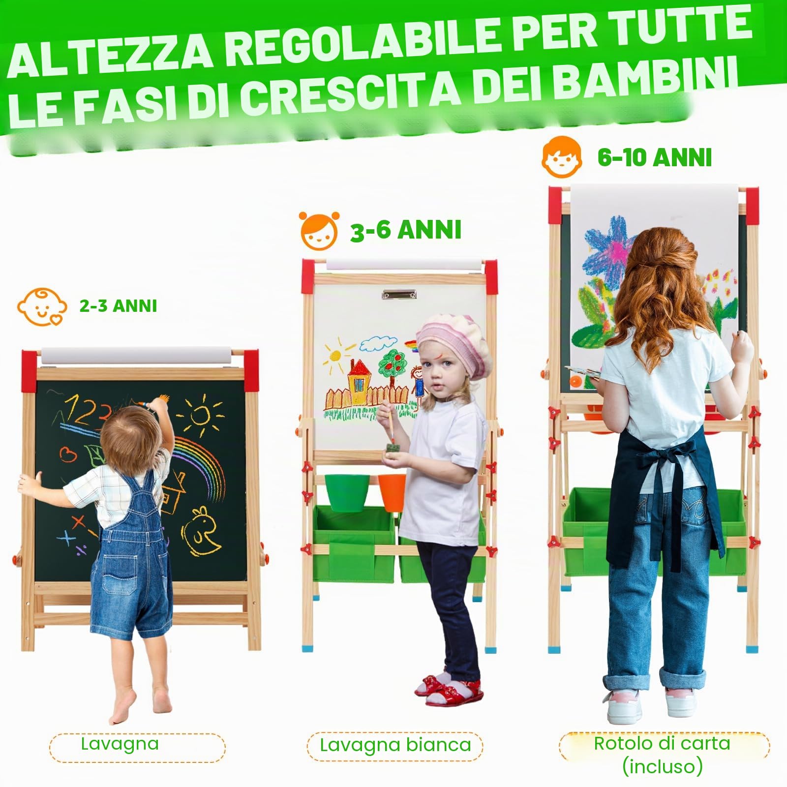 3in1 Cavalletto In Legno Per Bambini,Cavalletto Regolabile In Altezza Per Bambini,Grandi Per kids Con Lavagna E Rotolo Di Carta.Lavagna Cancellabile Con Pennelli,Borsa Portaoggetti,Numeri E Lettere