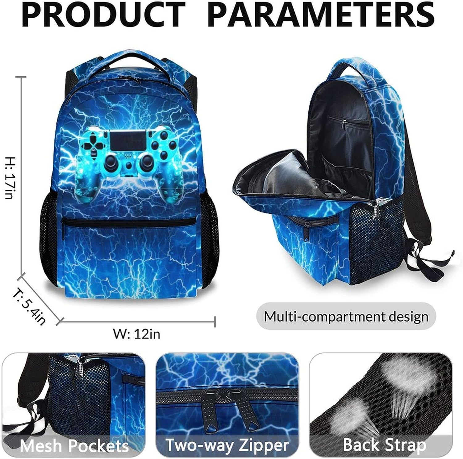 Backpack for Kids Boys Teens, Gamer Schoolbag Set with Lunch Bag Pencil Case for Kindergarten Elementary Primary Middle College, 17 Inch Lightweight Gaming Bookbag
