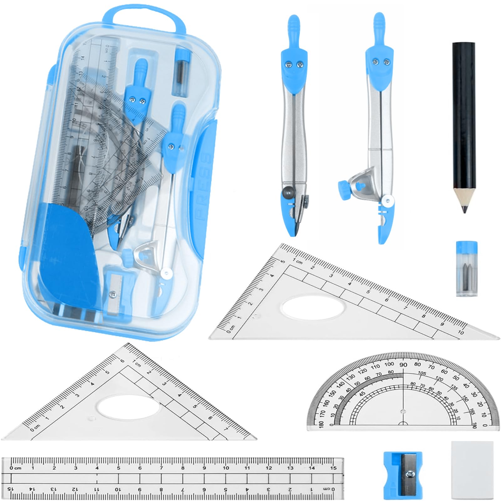 STAYOUNG 10 PCS Geometry Set - Student Drawing Set with Shatterproof Storage Case, Includes Ruler, Protractor, Compass, Eraser, Sharpener, Pencil Refills, and Pencils (Blue)