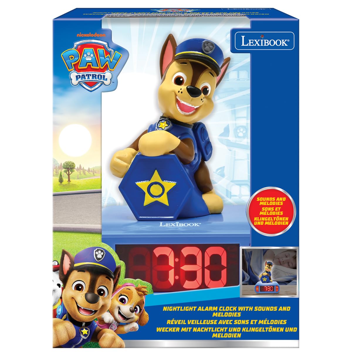 LEXiBOOK, Paw Patrol, Sound and Melody Night Light Alarm Clock, Backlit LCD Screen, Illuminated, Snooze, RL800PA2