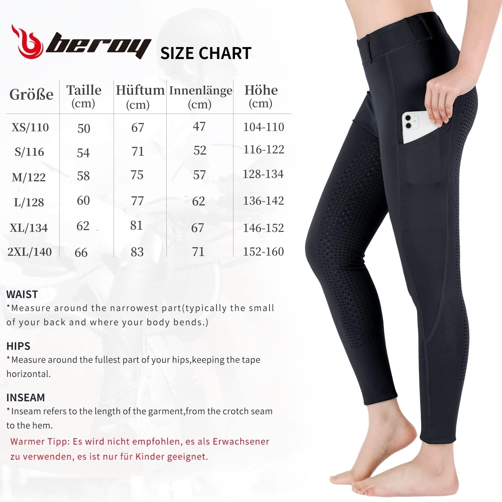 beroy Pantalon d'équitation pour enfant avec empiècement complet avec leggings d'équitation en silicone pour fille avec passants de ceinture et poche pour téléphone portable