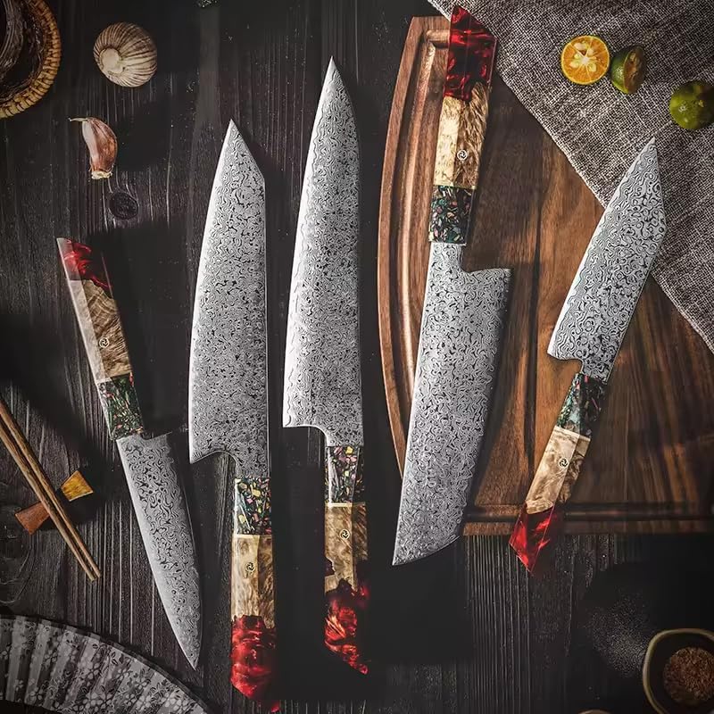 5 Piece Damascus Chef Knife Set, Japanese VG10 67-Layer Steel, Ergonomic Stabilized Wood & Red Resin Handle, L-Shaped Design for Home Restaurant Banquet-Z