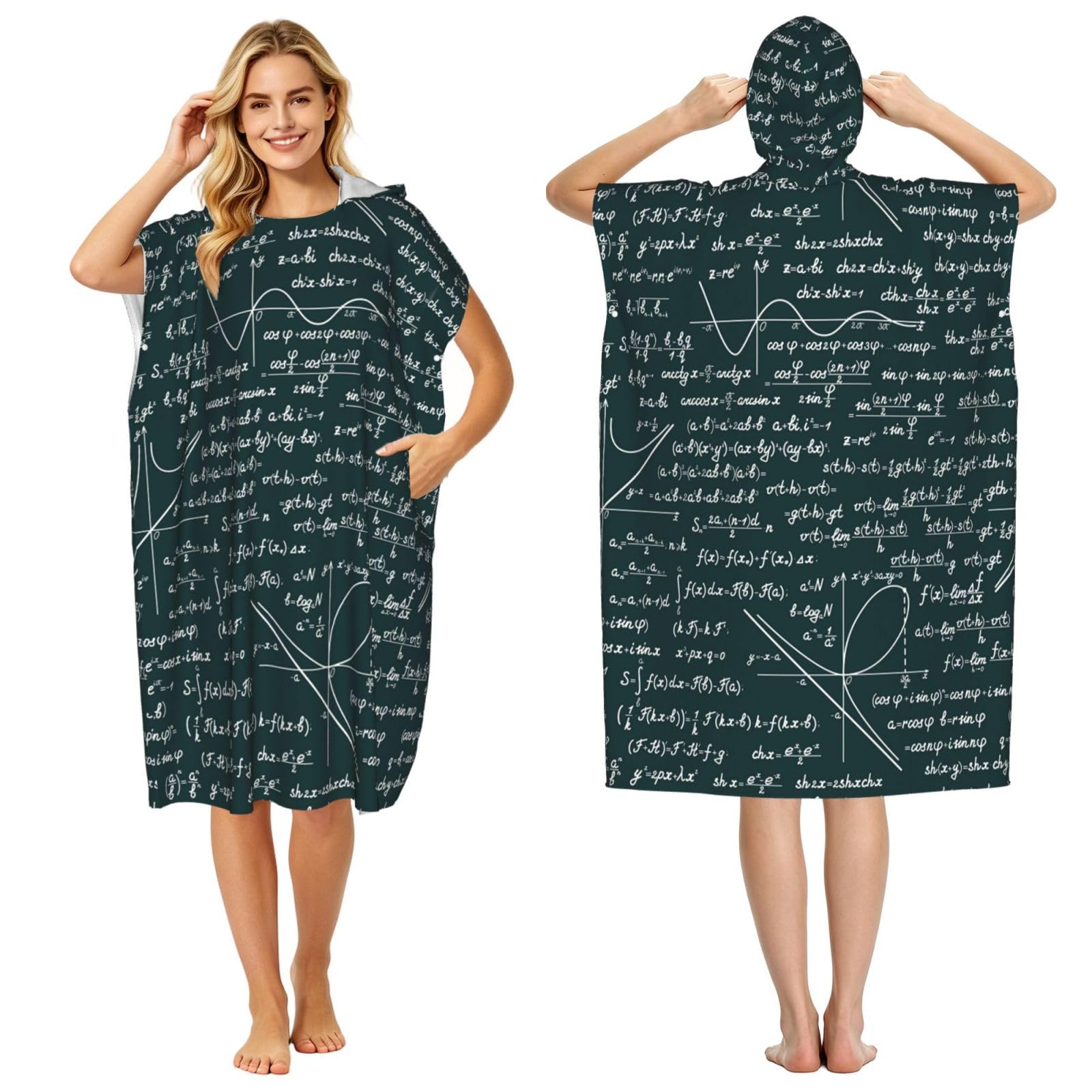 Poadnly Handwritten Math Formulas Pattern, Adult Hooded Beach Towel 90 x 110 cm,Changing Bath Robe, Surf Poncho Towel For Women Men