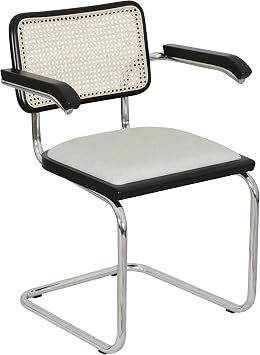 Breuer Chair Company B32/S32 Cesca Cushion Seat & Cane Back Cantilever Armchair Arm Chair w/Chrome Frame Black Wood & Natural Cane Made in Italy