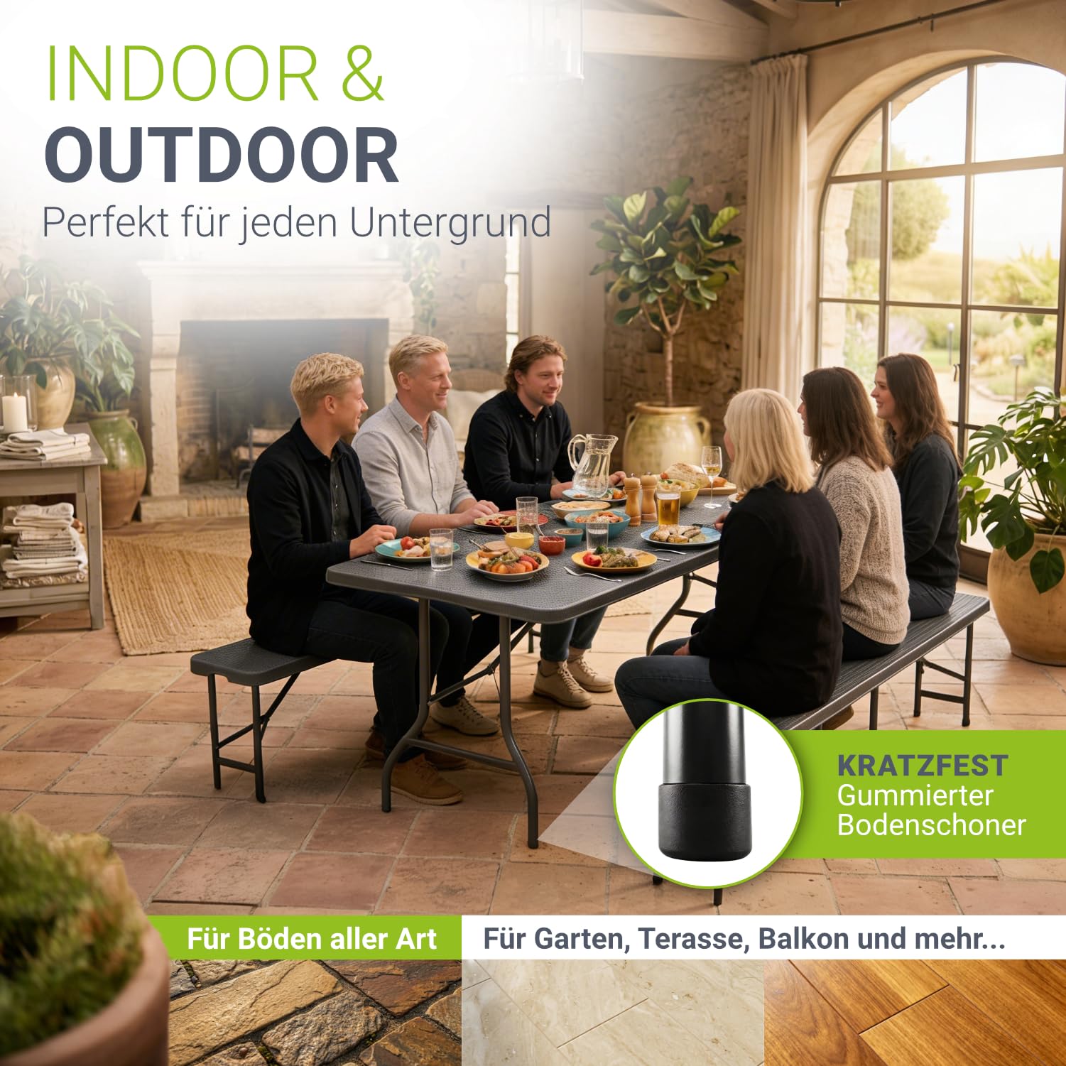 Juskys Bierzeltgarnitur Amberg 3-teilig & klappbar - 180 x 74 x 74-2 Bierbänke & Biertisch in Rattan-Optik Gartenmöbel-Set Festzeltgarnitur Camping