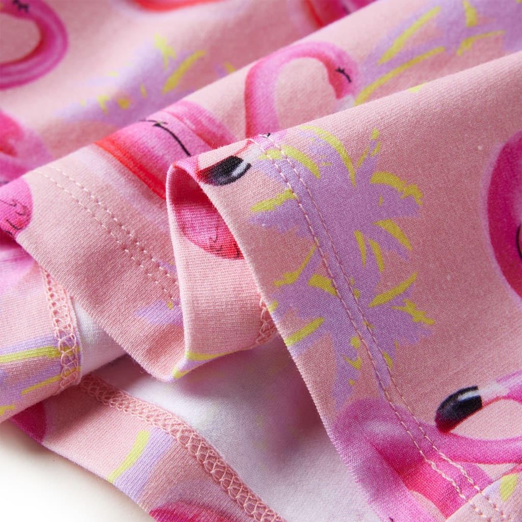 Vestido infantil rosa claro de algodón con flotadores de flamencos y árboles, talla para niña, manga corta, cuello redondo, transpirable, cómodo, lavable a máquina, verano