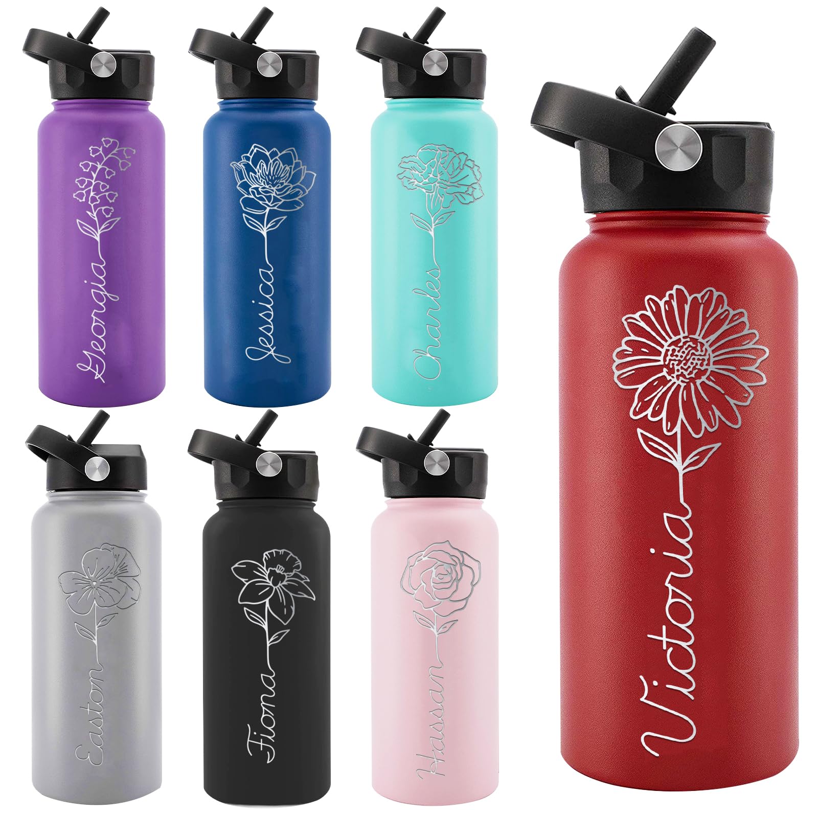 Personalized Water Bottles, Custom Water Bottle with Birth Month Flower Personalized Text Names, Gifts for Women, Customized Engraved Stainless Steel Water Bottles |18oz,24oz,32oz,40oz- 8 Colors|
