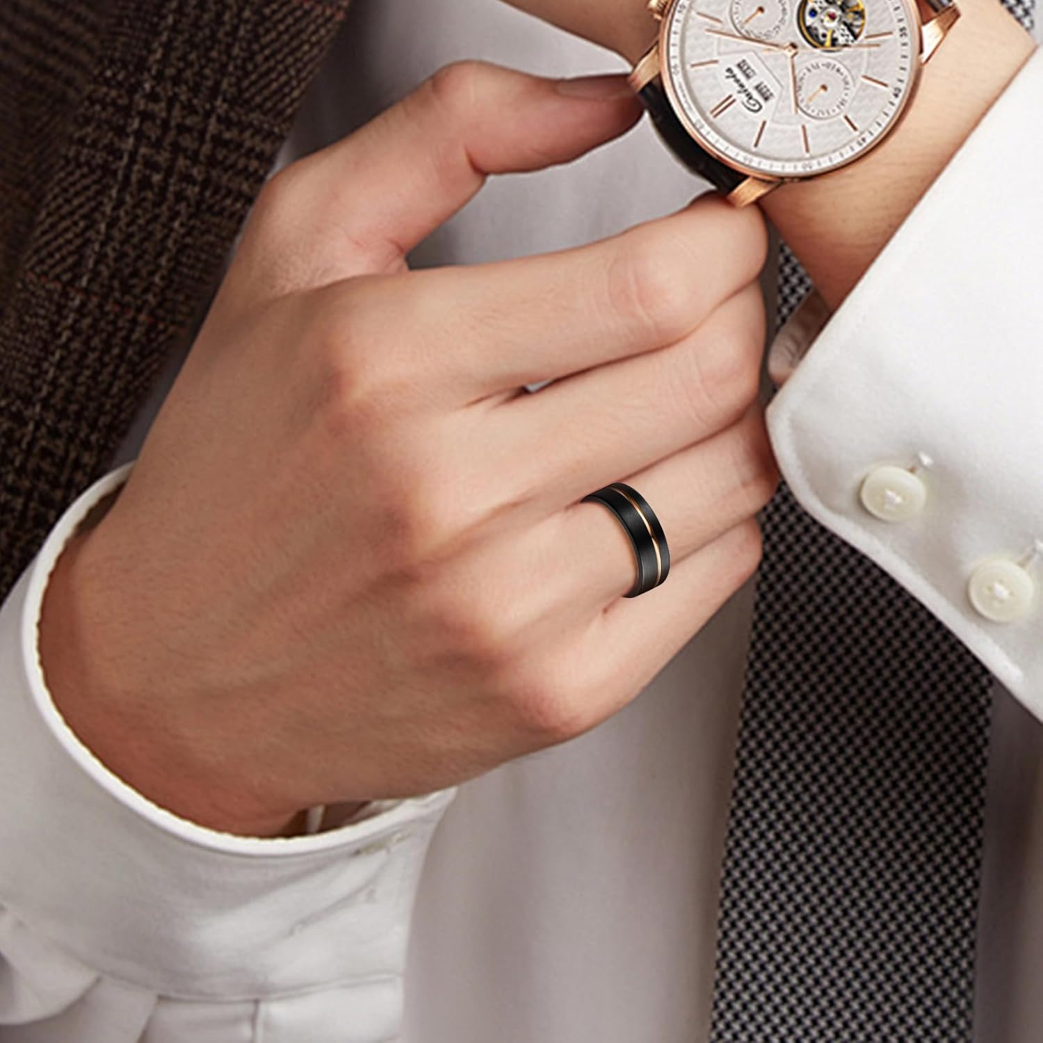 Tungsten Rings for Men 8mm Rose Gold/Blue Grooved Rose Gold and Black/Browm/Blue Two Tone Wedding Band Size 5-14 - Image 3