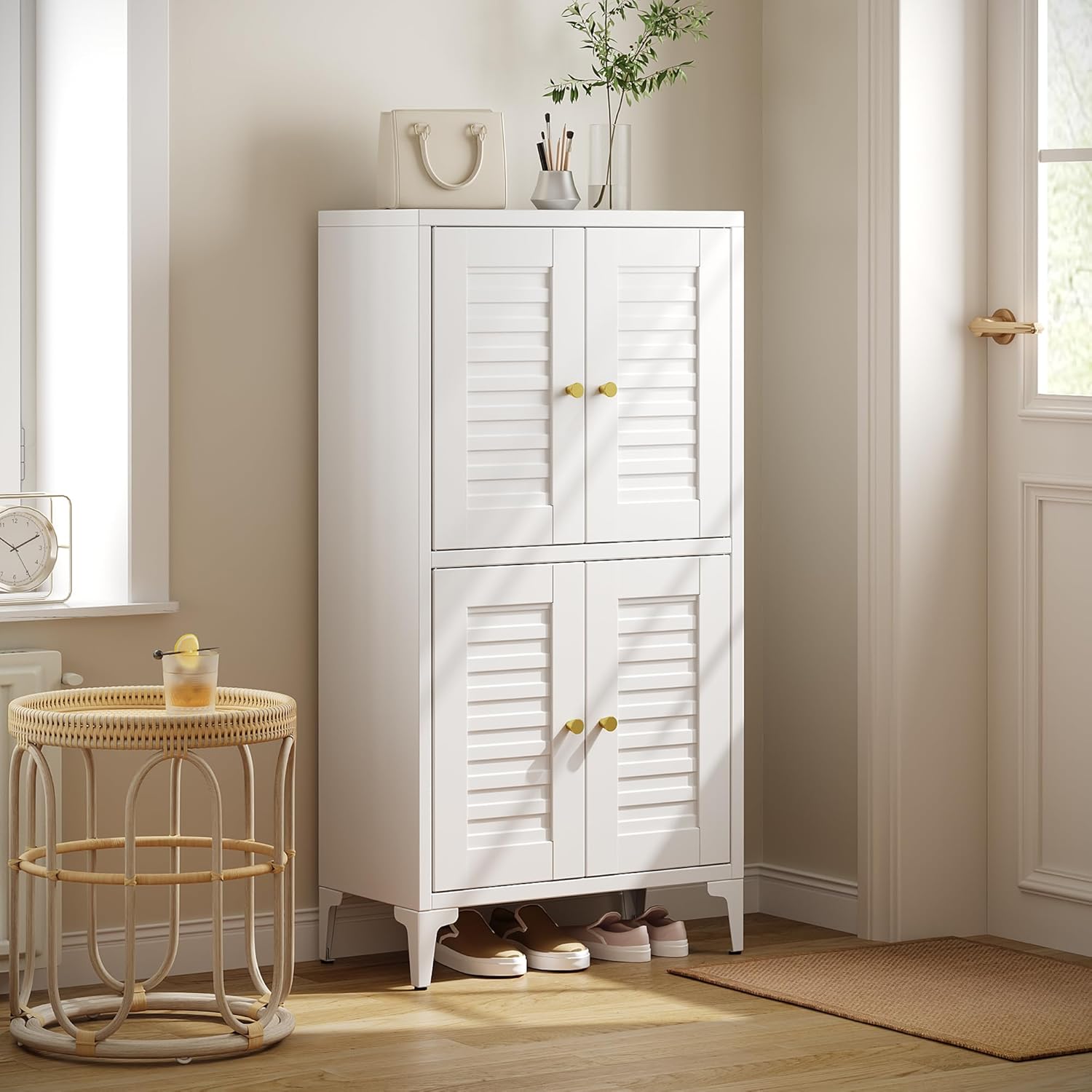 Bathroom Floor Storage Cabinet with 4 Doors, Freestanding Storage Cabinets with 2 Adjustable Shelves for Kitchen,Living Room,Dining Room,Assembly Required,White,11.81" D x 23.62" W x 45.87" H