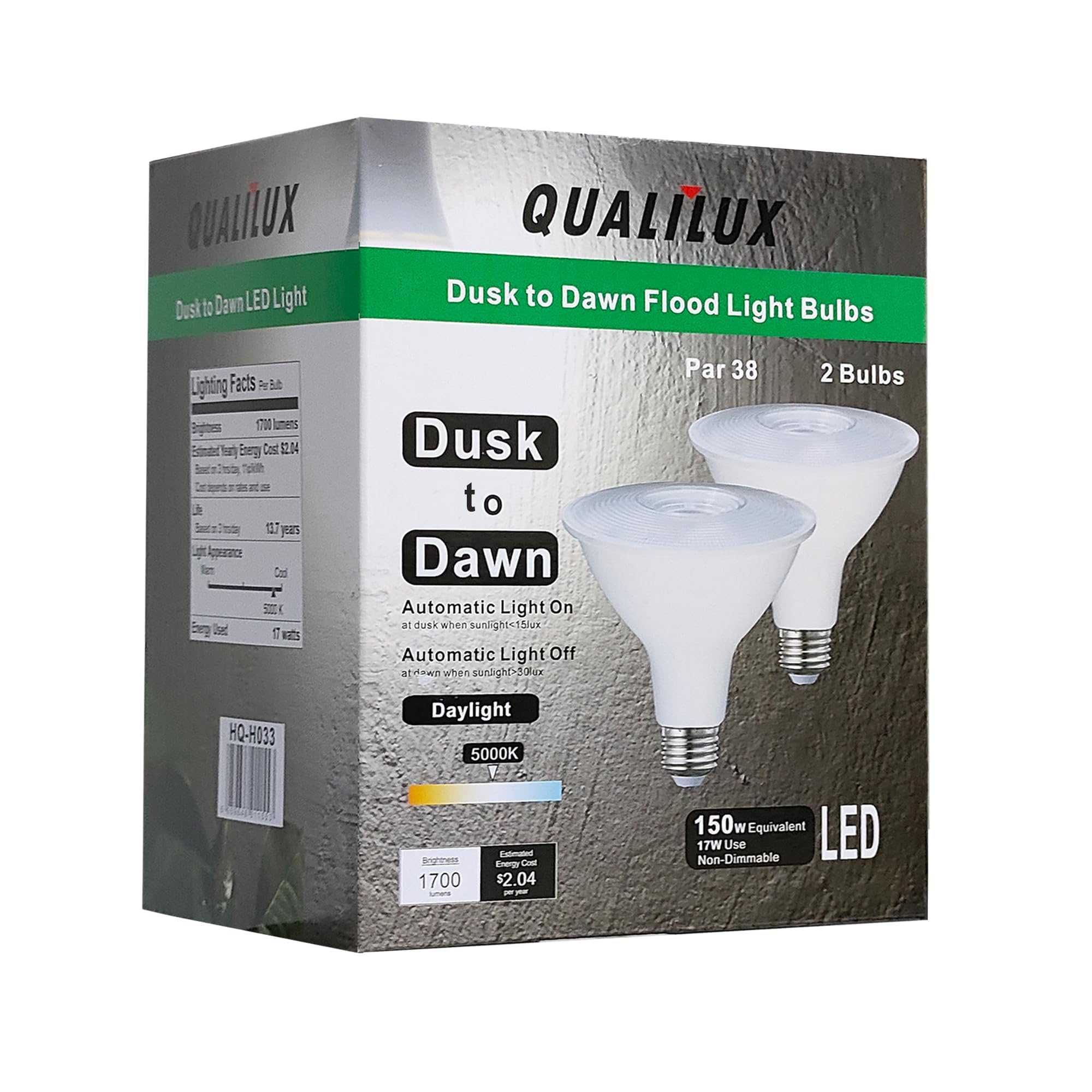 Qualilux PAR38 - Bombillas LED de inundación del atardecer al amanecer, luz blanca diurna 5000 K, equivalente a 150 W 17 W, 1700 lm, foco de luz de encendido/apagado automático para exteriores