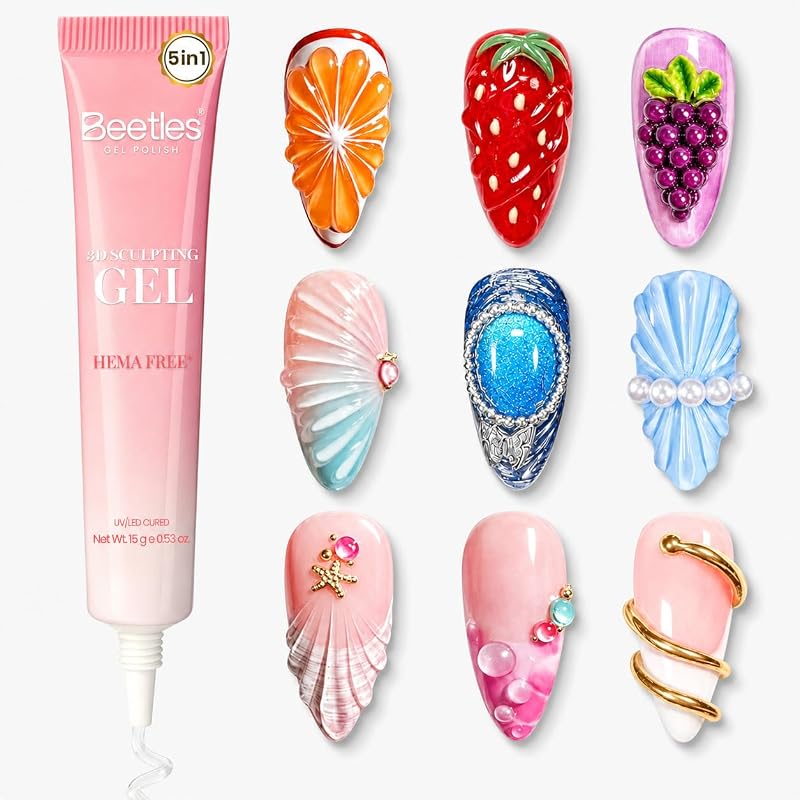 Beetles 3D Gel Nail Art, gel esculpido sin hema para decoración de uñas, sin toallita, 15 g | Gel 5 en 1, 3D para dibujar, moldear, adornos para uñas, diamantes de imitación y polvo de cromo, apto para principiantes, bricolaje y salón, se necesita lámpara UV