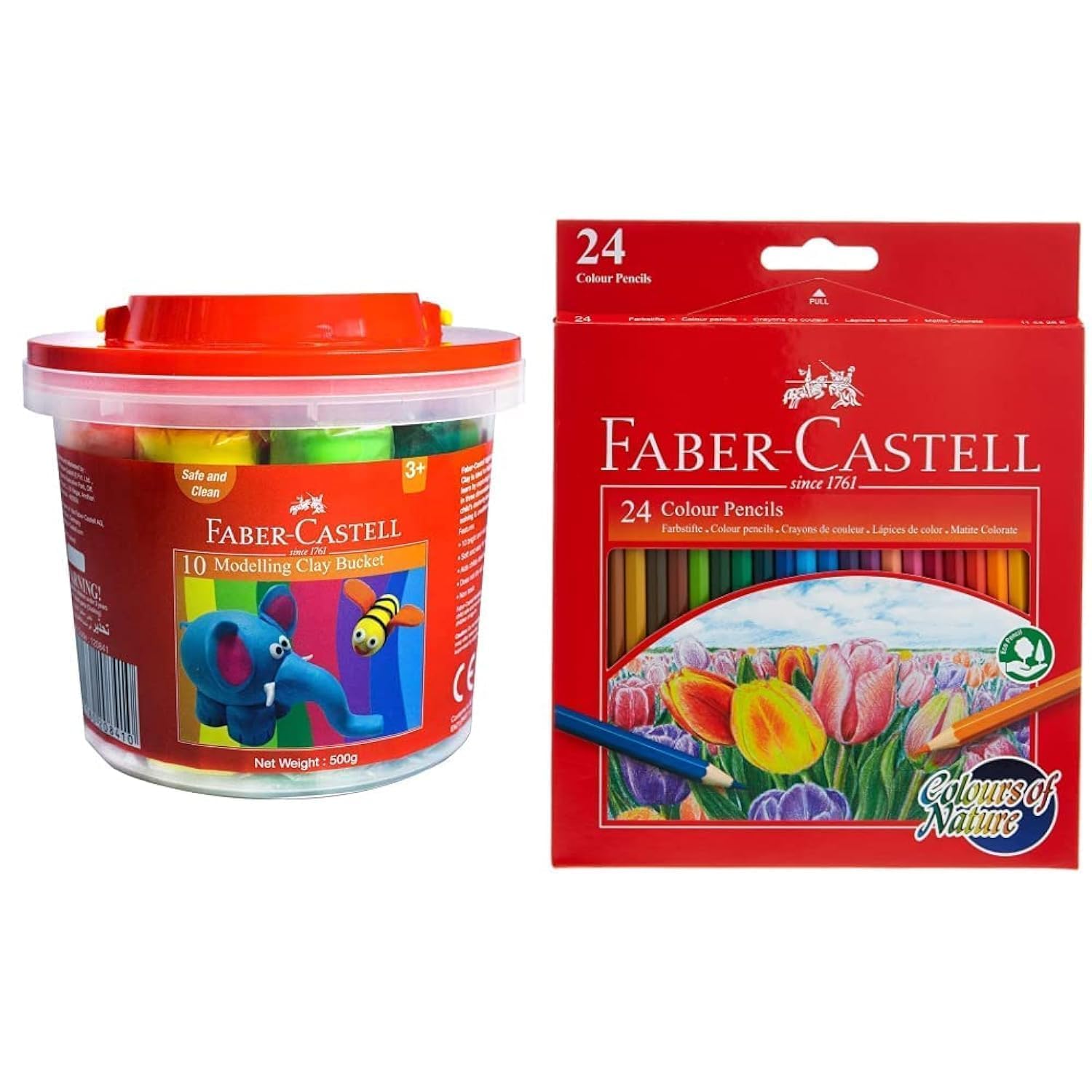 Faber-CastellModelling Clay 500Gm - 10 Colors X 50Gm In A Plastic Bucket, 120841, Multi Color & Colours Of Nature Colour Pencils 24 Colour In A Cardboard Box,Assorted Designs, 114426