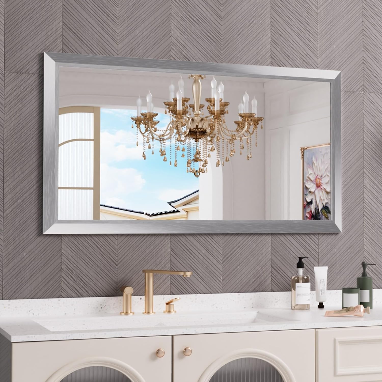Amazon.com: Amorho 55x30 Inch Bathroom Mirror Silver, Thick Metal Framed Wall Mirrors for Over ...