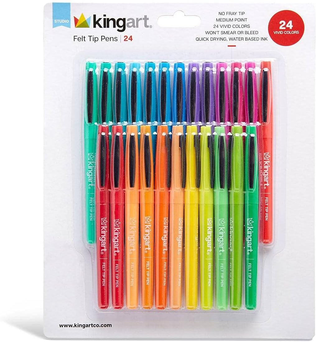 KINGART 465-24 FELT TIP PEN MARKERS, Medium Point, Bright Colors, For Writing, Journaling, Note Taking, Set of 24 KINGART 465-24 FELT TIP PEN MARKERS, Medium Point, Bright Colors, For Writing, Journaling, Note Taking, Set of 24