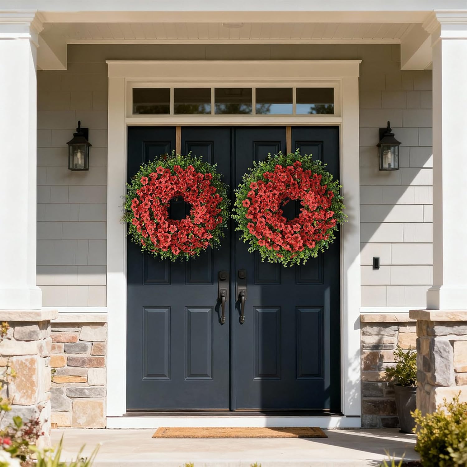26" Large Artificial Eucalyptus with Flower Wreath for Front Door - Realistic Fake Silk Morning Glory Flowers, Faux Colored Flower Wreath for Home, Farmhouse, Wedding, Indoor, Outdoor Decor (Red)