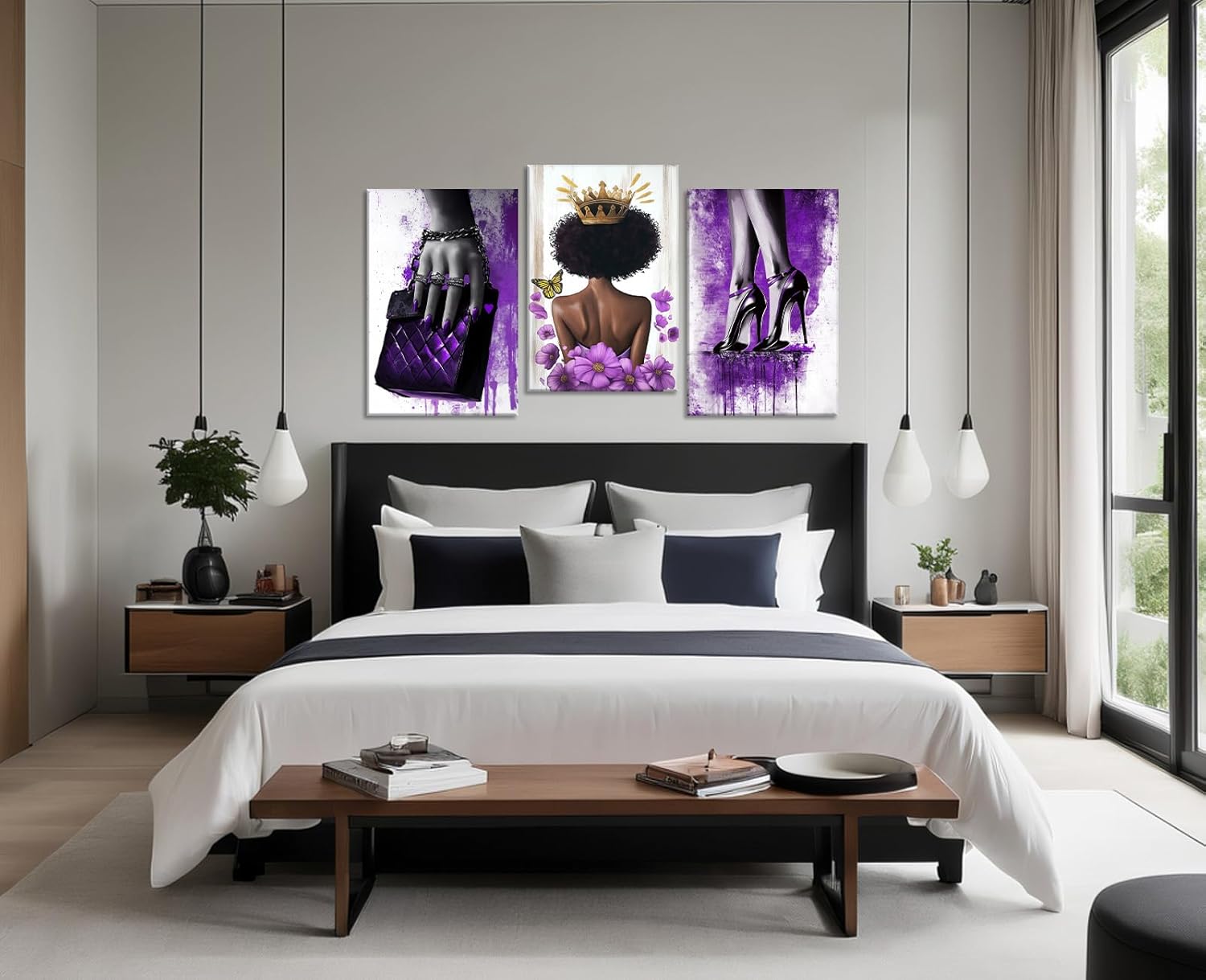 Black Woman Canvas Wall Art African American Wall Decor Purple Fashion Girl Picture High Heel Shoes Handbag Painting Abstract Prints Bedroom Living Room Decor Framed(Art-1,11.00"x14.00"x3P)