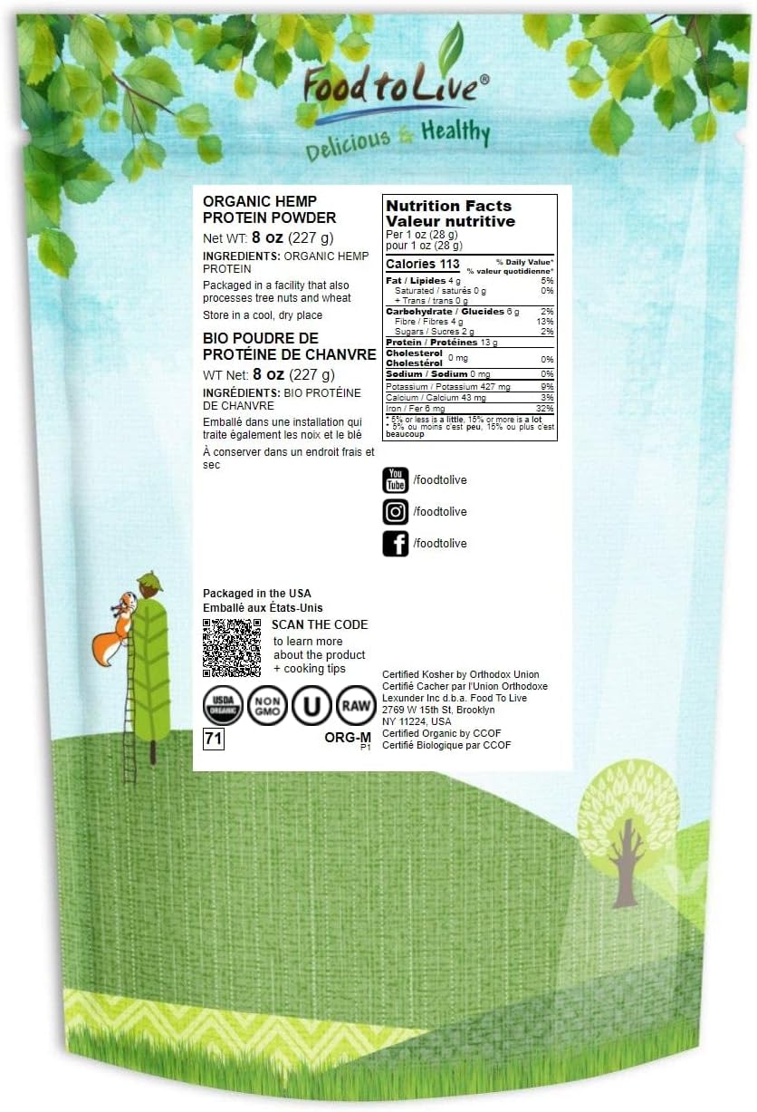 Food to Live Organic Hemp Protein Powder, 8 Ounces — 50% Protein, Non-GMO, Non-Irradiated, Pure, Kosher, Vegan Superfood, Rich in Iron and Fiber : Health & Household