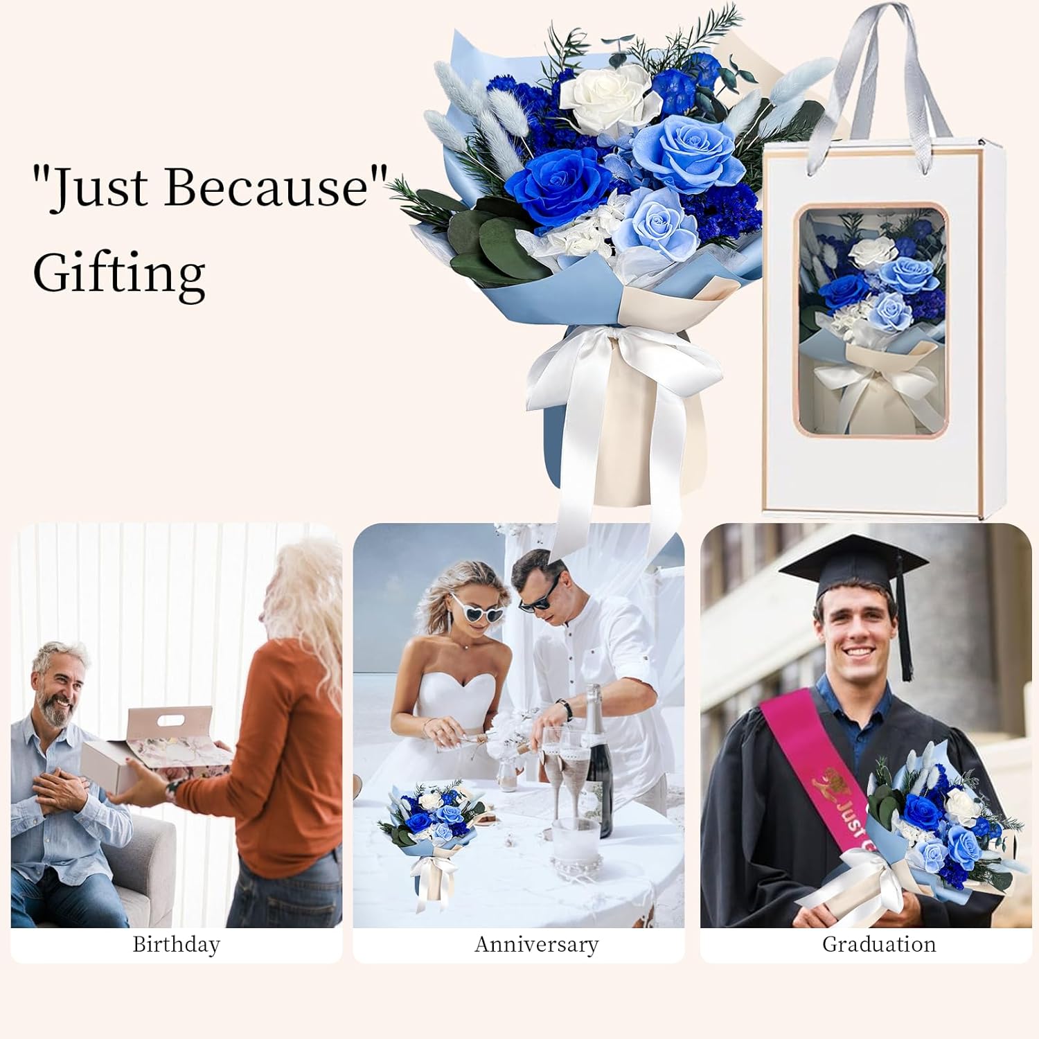 FNCHAI Preserved Roses Bouquet – Flowers for Delivery, Valentines Day Gifts for Him, Long-Lasting Romantic Real Roses for Anniversary, Graduation, Father’s Day & Beach Weddings (Blue) - Image 6