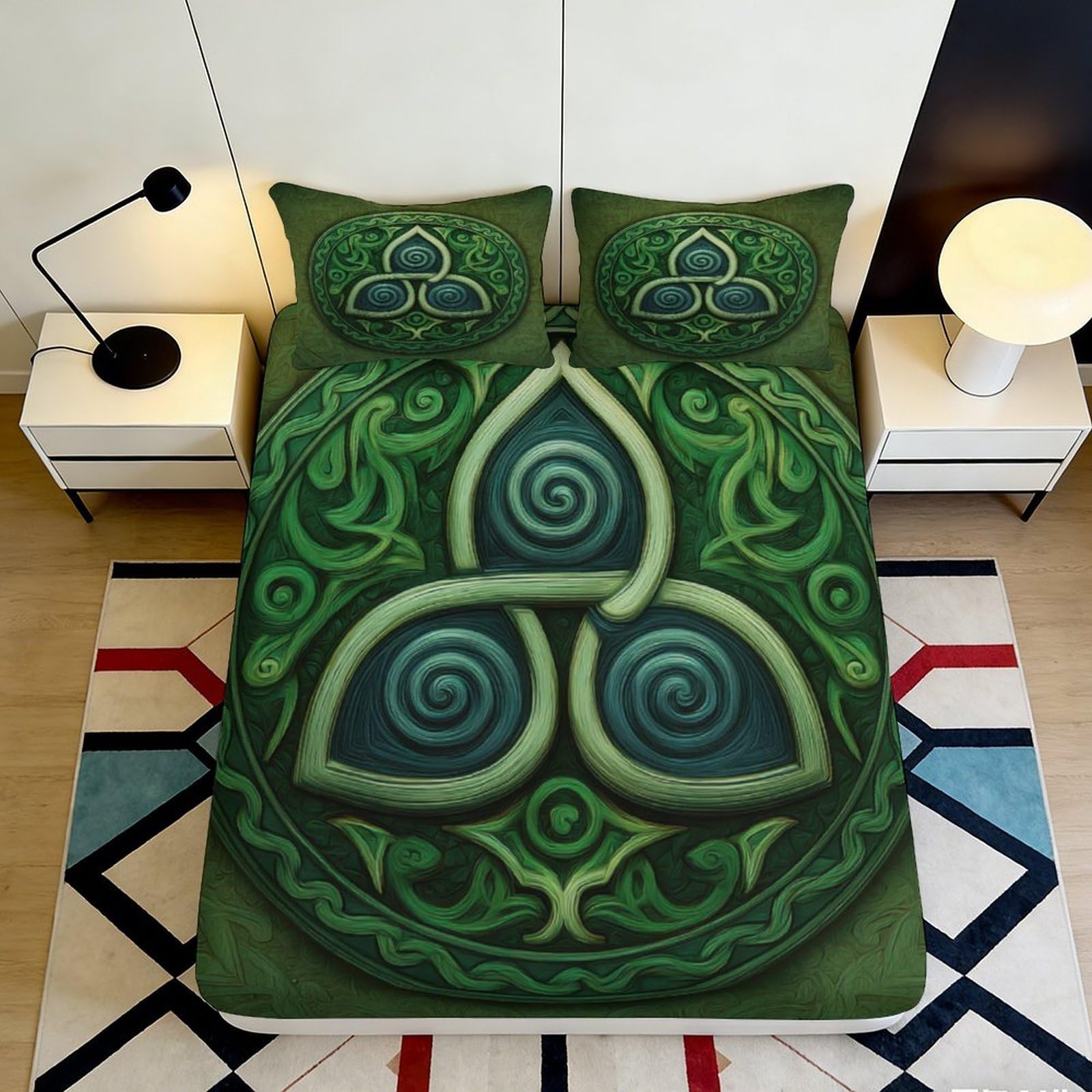 Uxinyoume Style-7 3D Printed Celtic Spiral Green Fitted Sheet Microfiber Soft Swirl Pattern Mattress Cover For Bedroom Decor 90X200x25cm