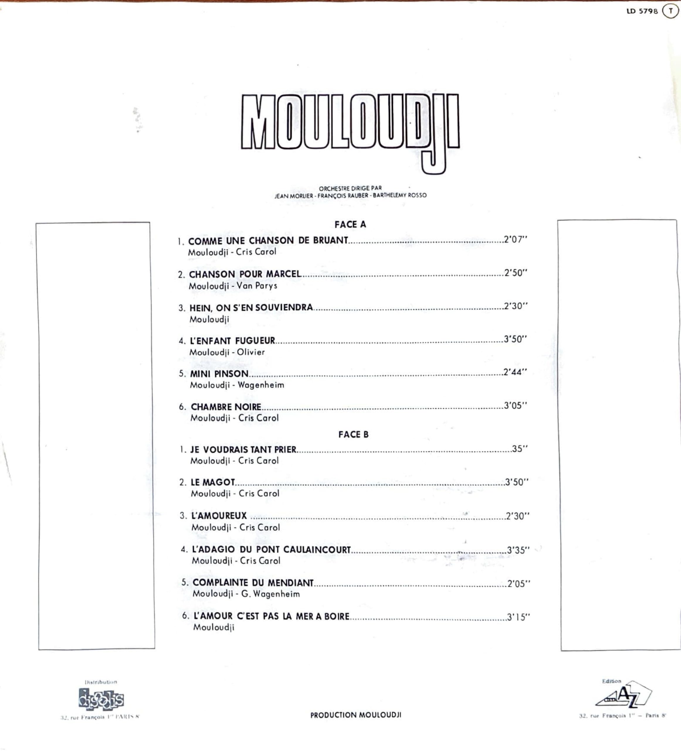 Mouloudji 33T, Album avec Autographe, Disques BAM LD 5798, Production Mouloudji