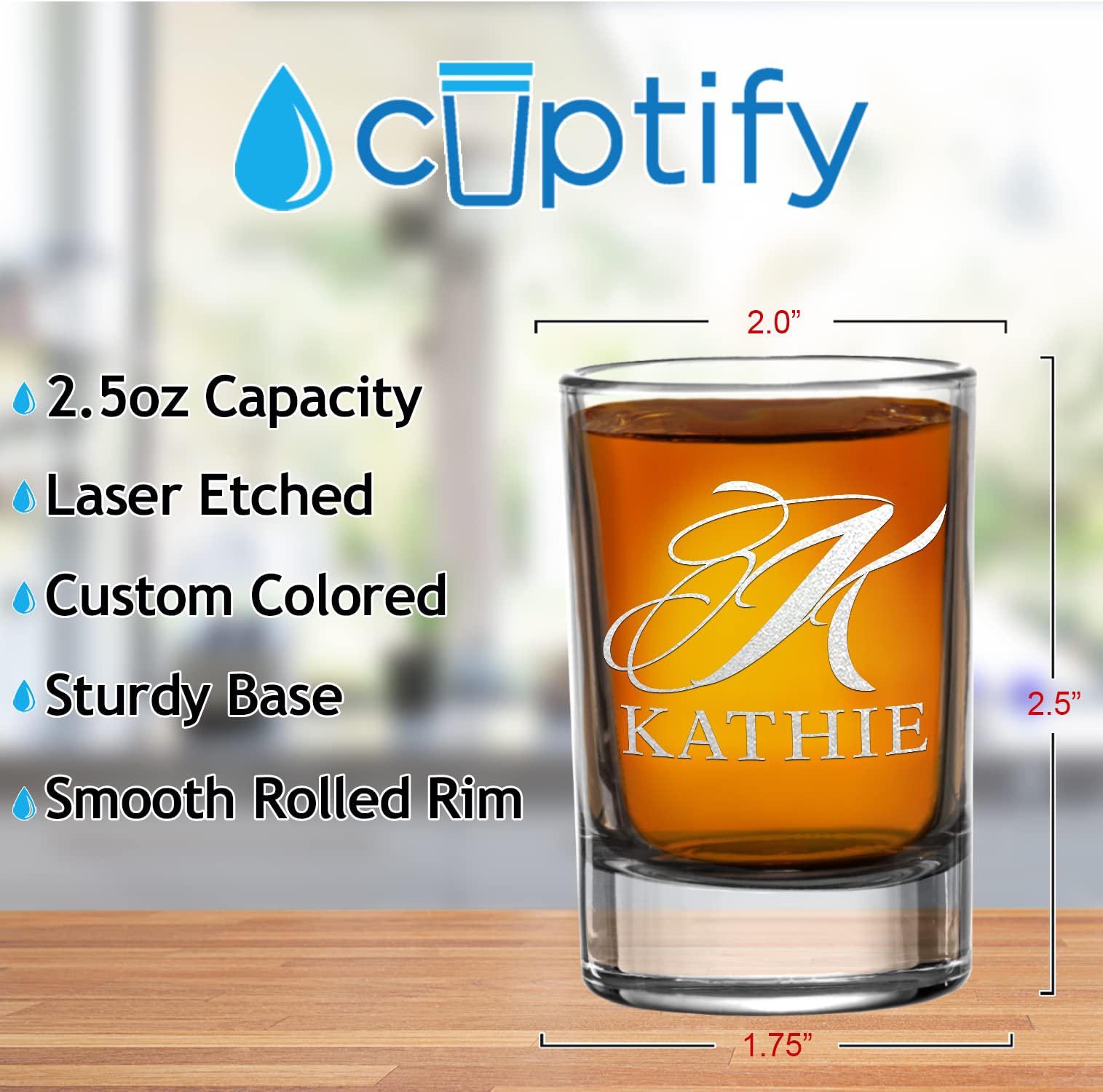 Personalized Glasses Script Initial and Name 2.5 oz Etched Round Shot Glass Engraved with Custom Text Birthday Gift for Men and Women - Set of 2