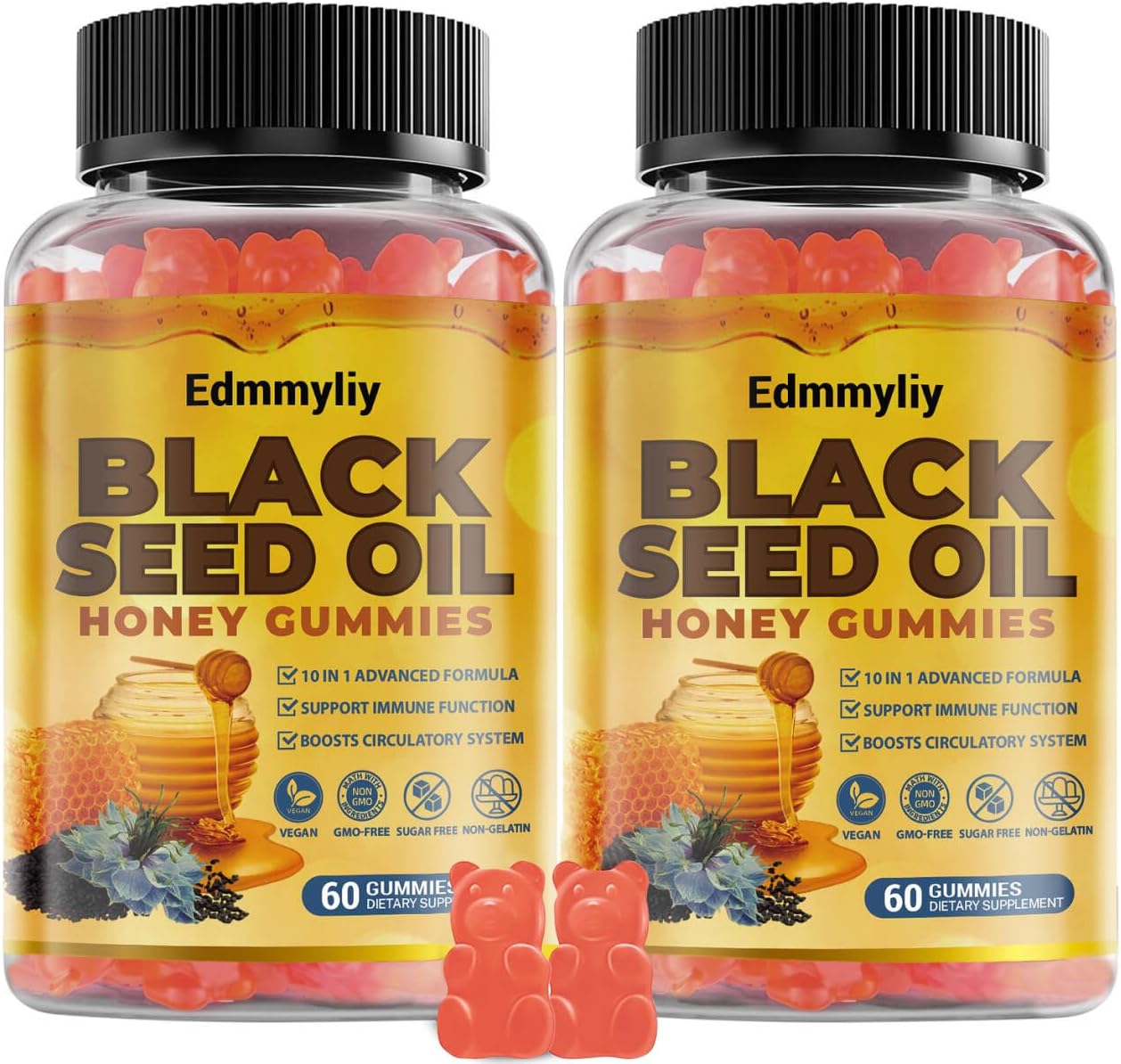 Black Seed Oil & Honey Gummies - Black Seed Oil 500mg with Biotin, Ashwagandha Extract, Turmeric Extract, Vitamin C & B6 - Supports Immune & Digestion