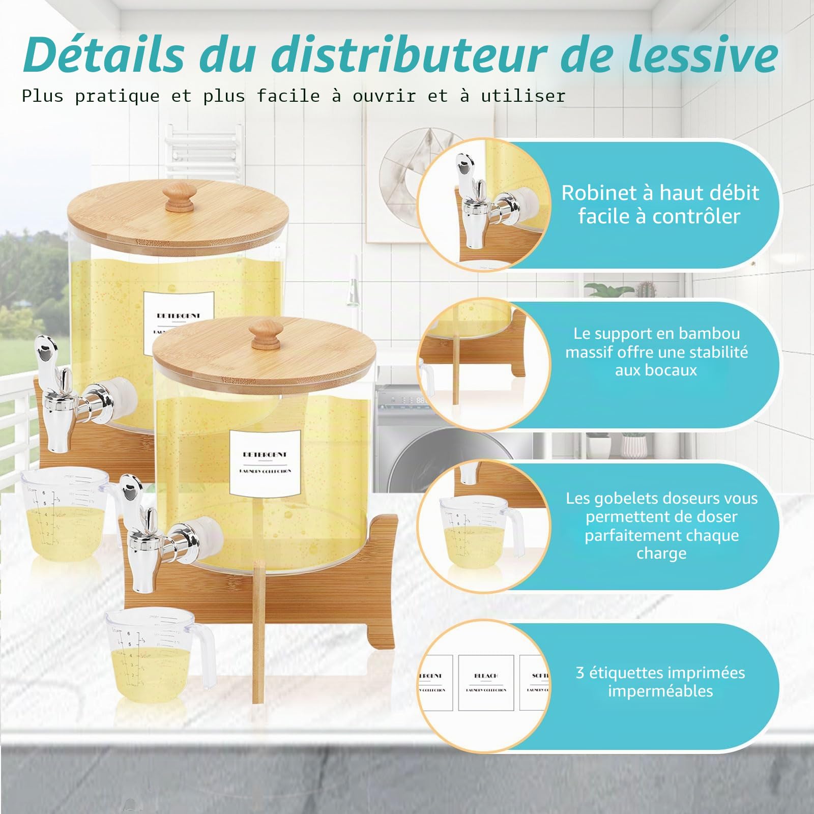 Lot de 2 distributeurs de détergent à lessive liquide avec robinet, 2,5 L réutilisables avec tasse à mesurer, pots de rangement en plastique pour adoucissant, booster de parfum, eau de Javel, bombes