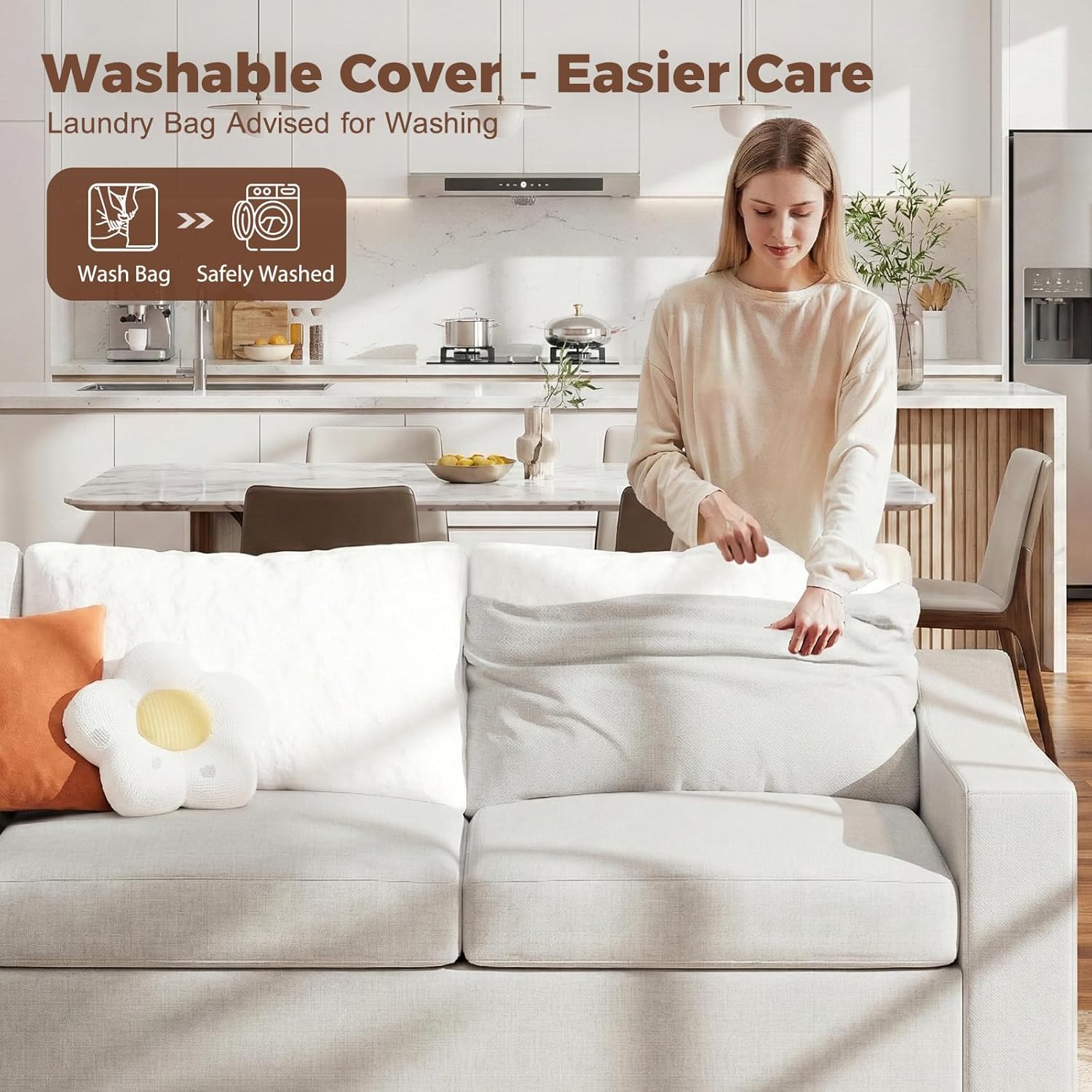 ELUCHANG Oversized 85" Couches for Living Room, Natural Linen Fabric Apartment Couch with Detachable Cover, Modern Loveseat Comfortable Deep Seat Sofa, Easy to Install, White | Easy to assemble, Breathable material, Extra deep seat, Easy to clean, Pet friendly