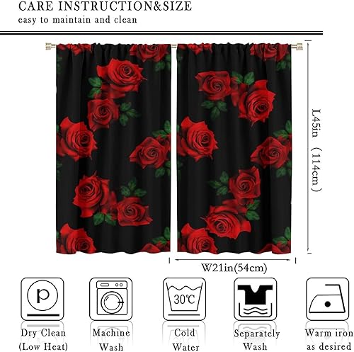 Miniatura 2 de Cortinas de rosas negras y rojas para dormitorio para mujer, 42 pulgadas de ancho x 45 pulgadas de largo, regalo para el día de San Valentín, flores