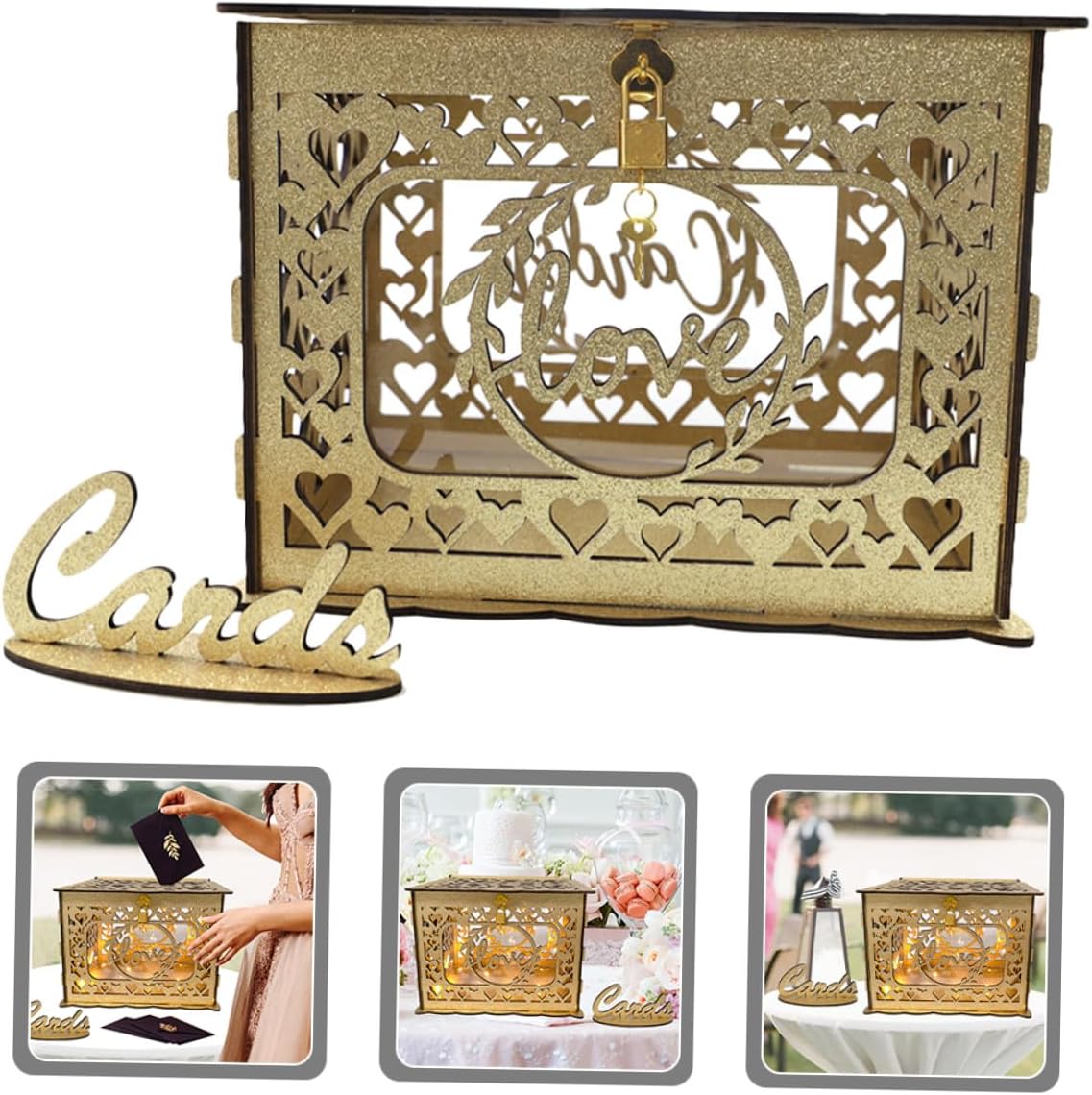 VOSAREA Hollow Wooden Card Box with Lock for Wedding Reception and Anniversary, Rustic Greeting and Graduation Envelope Holder, Decorative Memory Collection Storage Box