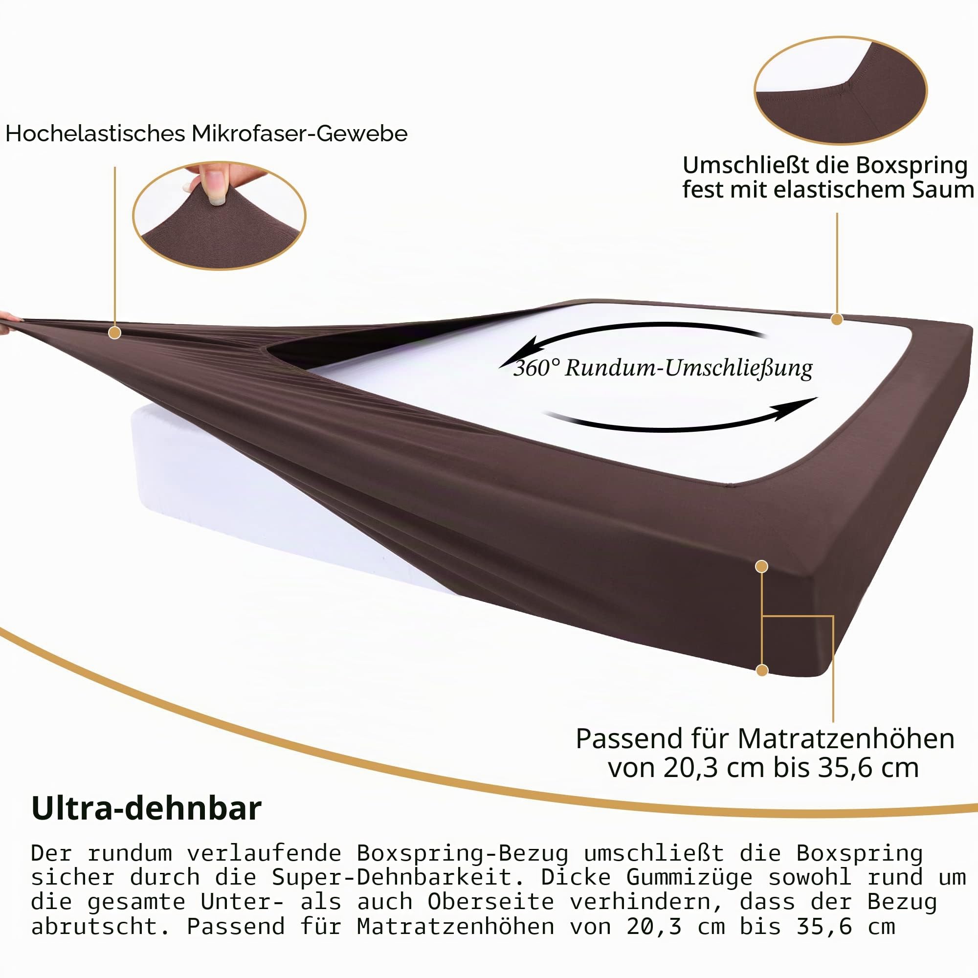 PiccoCasa Boxspring-Bezug, dehnbarer Stoff, 4 Seiten, Bettrock knitterfrei, für Zuhause, elastischer Matratzenbezug, passend für Matratzen bis zu 35,6 cm, Braun