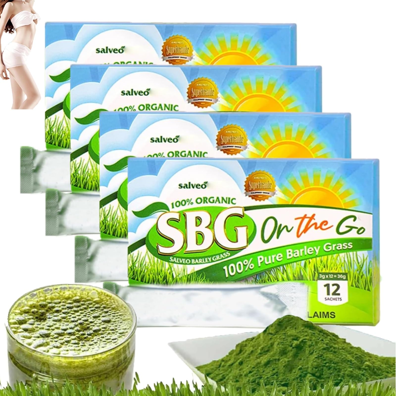SBG Salveo Barley Grass, Salveo Barley Grass Powder, SBG ON The GO, 100% Pure Salveo Well Organic Barley Grass Juice Powder, Brought to Your Pure Health, Excrete Body Waste in Just 2 Weeks(4boxs)