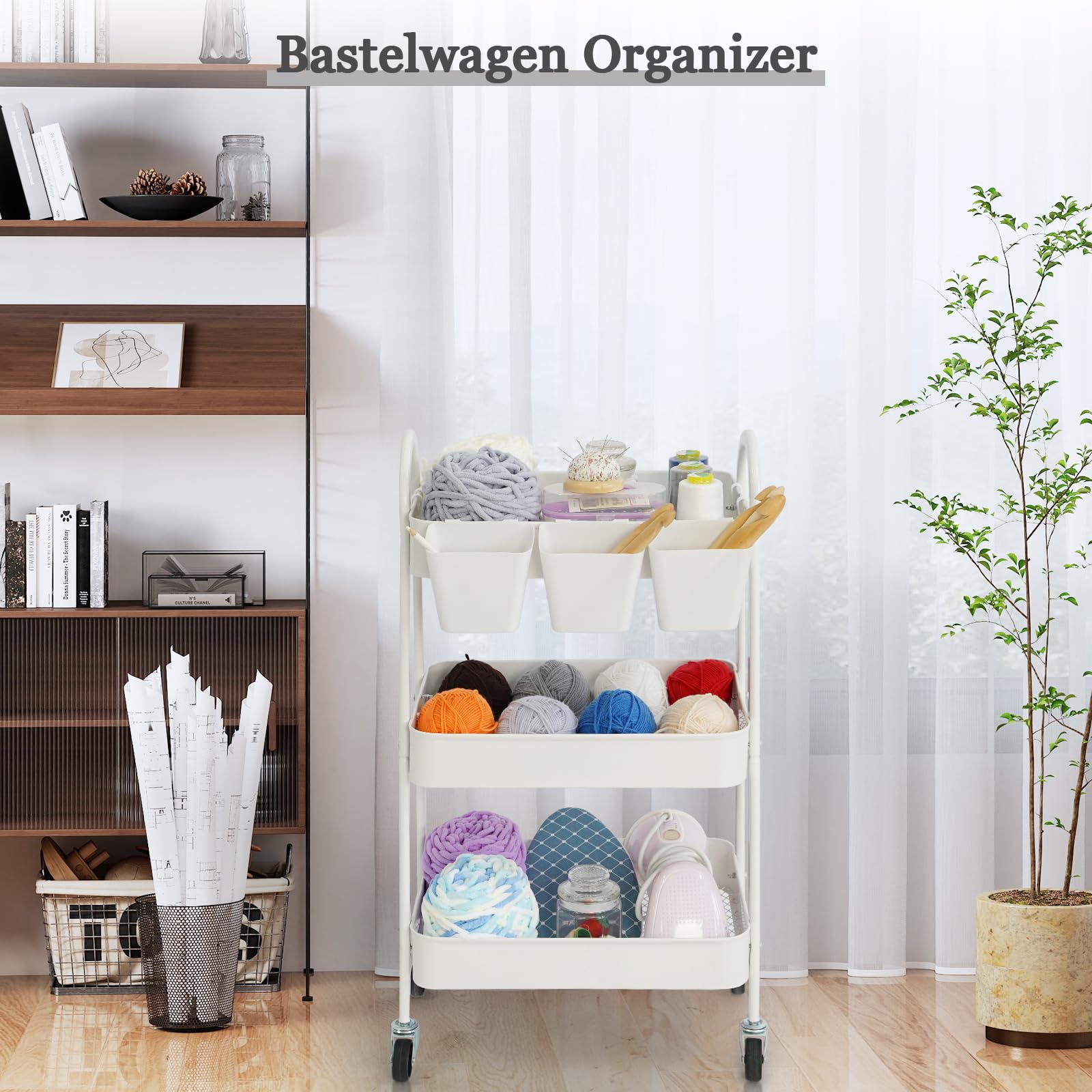 danpinera carrello con ruote portatutto, in metallo, carrello con ruote, per appendere bicchieri e ganci, per cucina, bagno, ufficio, officina, bianco